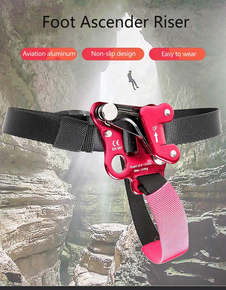 JOKABUN New Upgrade Left/Right Foot Ascender Rock Climbing Riser Rope Grabber Suitable for 8-13mm Rope Spiny Non-Slip Climbing Equipment (Right Foot Ascender (red))