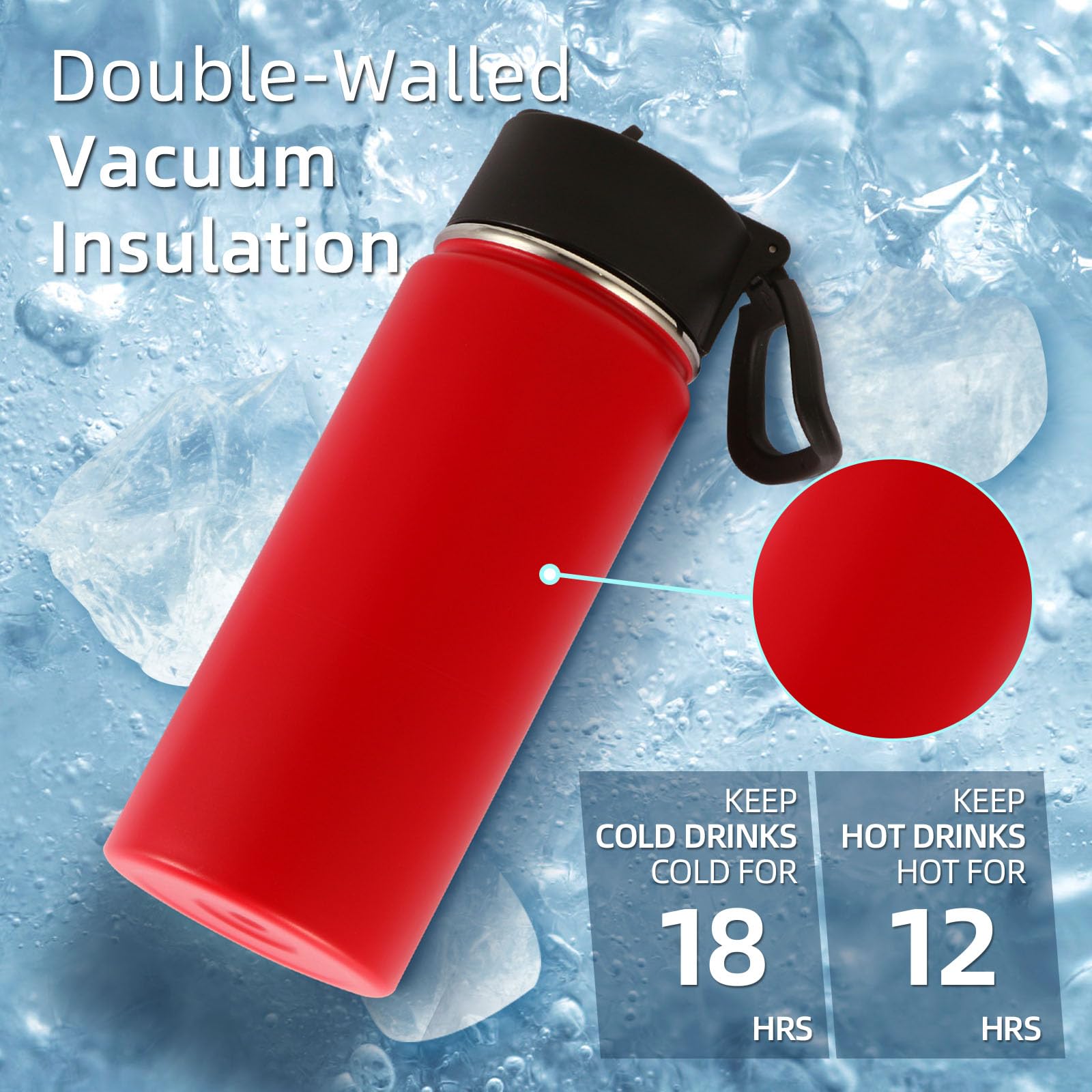 Volhoply 480ml Kids Water Bottle Bulk 2 Pack,Insulated Sports Bottles with Straw Lid,Stainless Steel Bottle with Handle Keep Cold & Hot,Double Wall Vacuum Flask for School,Girls(Red,Set of 2) - Image 3