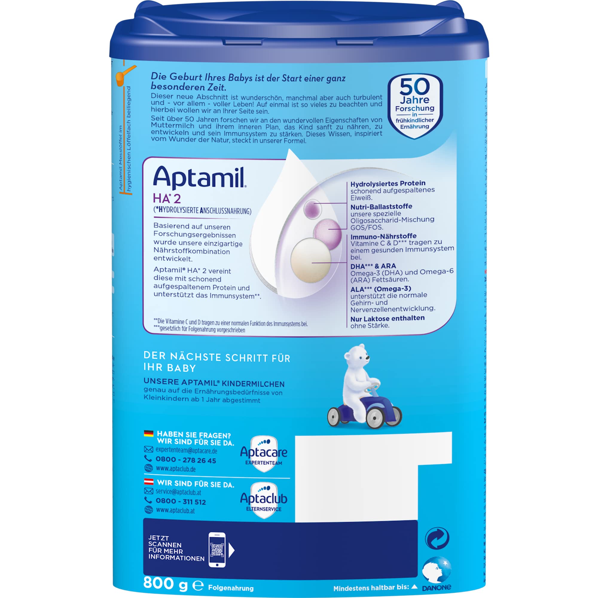 Aptamil HA 2 – Anschlussnahrung nach dem 6. Monat, Mit Omega 3 & 6, DHA, ARA & ALA, Nur Laktose, Ohne Palmöl, Babynahrung, Milchpulver, 1x 800g (Packung mit 4)