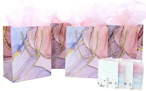 Miniatura 2 de Rosh Pinnah, Lujosas bolsas de regalo de mármol rosa y purpurina (4 paquetes)  Tamaño mediano 7.75 x 4.3 x 9.6 pulgadas  Con 4 papeles de seda y 4