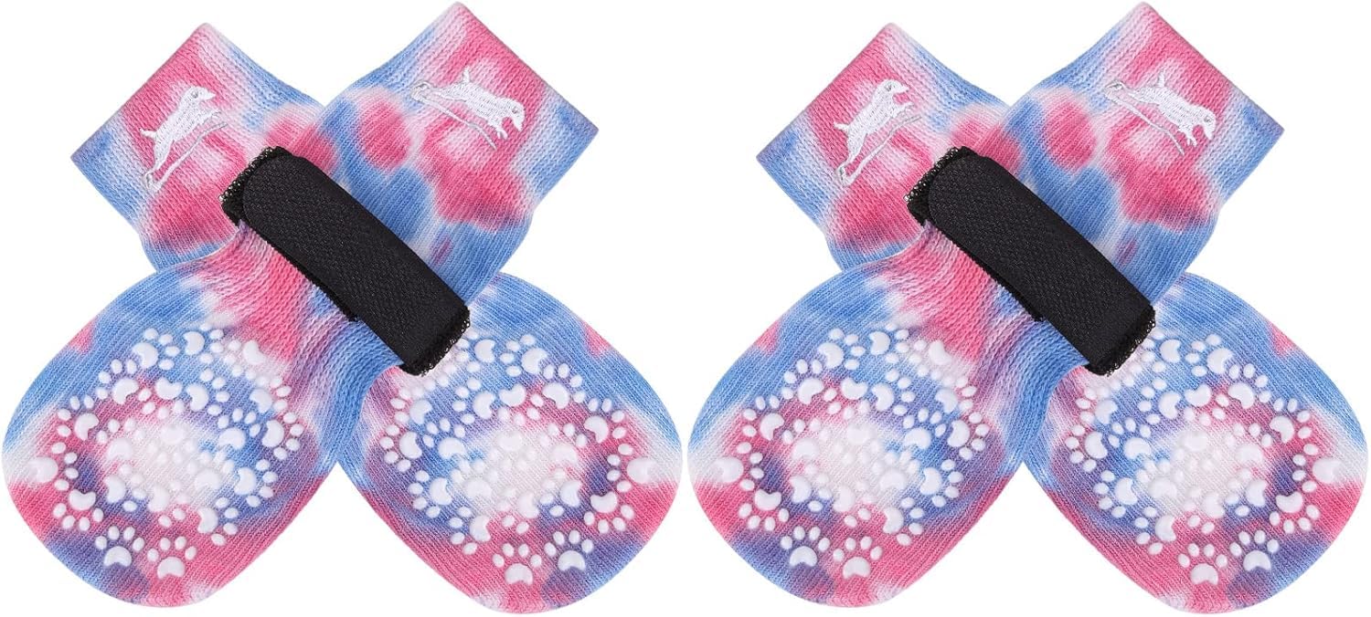 EXPAWLORER Hundesocken Anti-Rutsch 2 Paar doppelseitige rutschfeste Hunde Socken Leckschutz für Innenbereich mit verstellbarem Klettverschluss, Pfotenschutz Traktion Kontrolle Socken, Batik Blau XS
