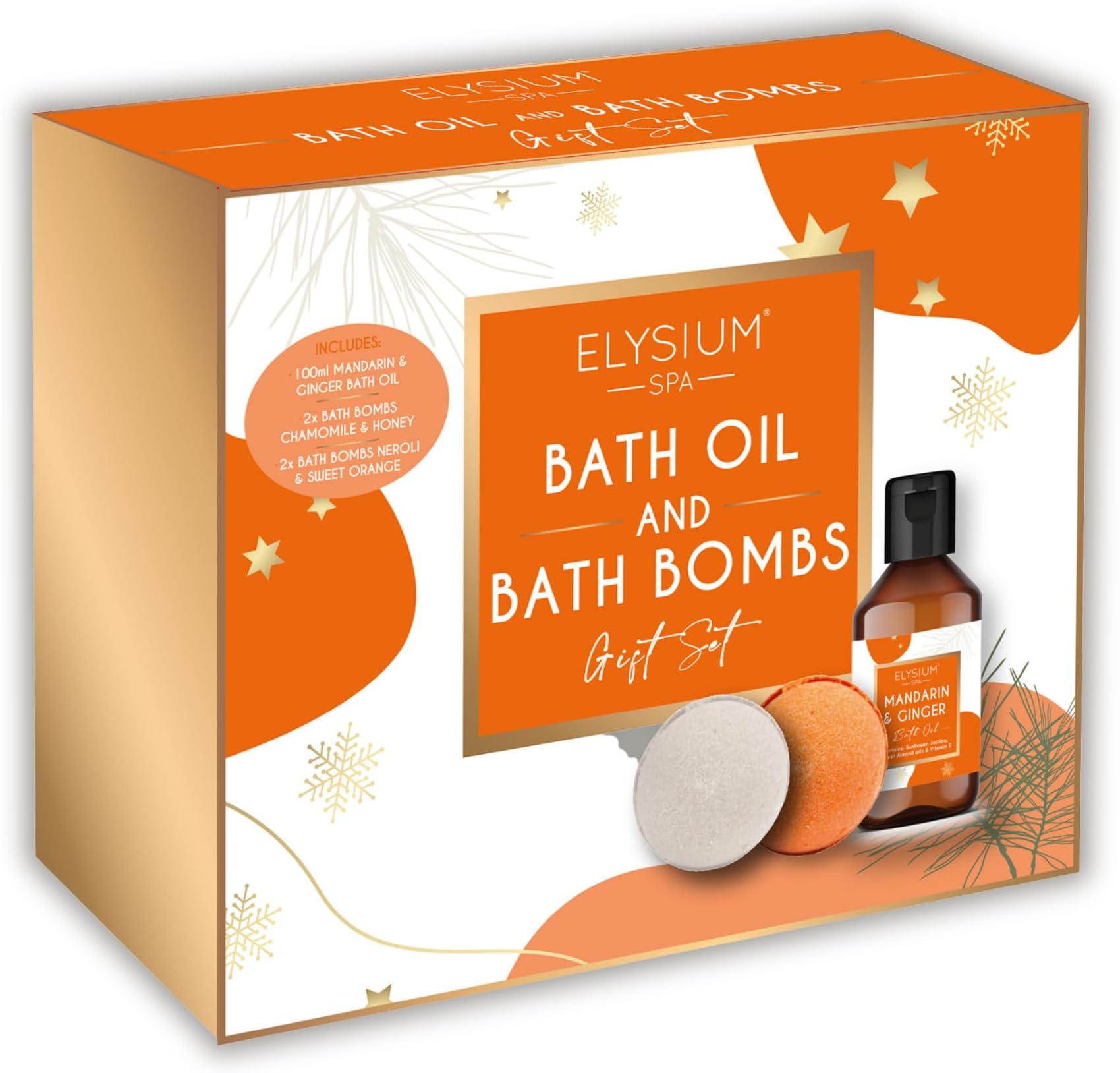 Christmas Bath Gift Set - Elysium Spa Bath Oils Aromatherapy in Mandarin & Ginger 100ml with 2X Chamomile & Honey Bath Bombs, and 2X Neroli Sweet Orange Shower Bombs - Bath Bombs for Women Gifts Set
