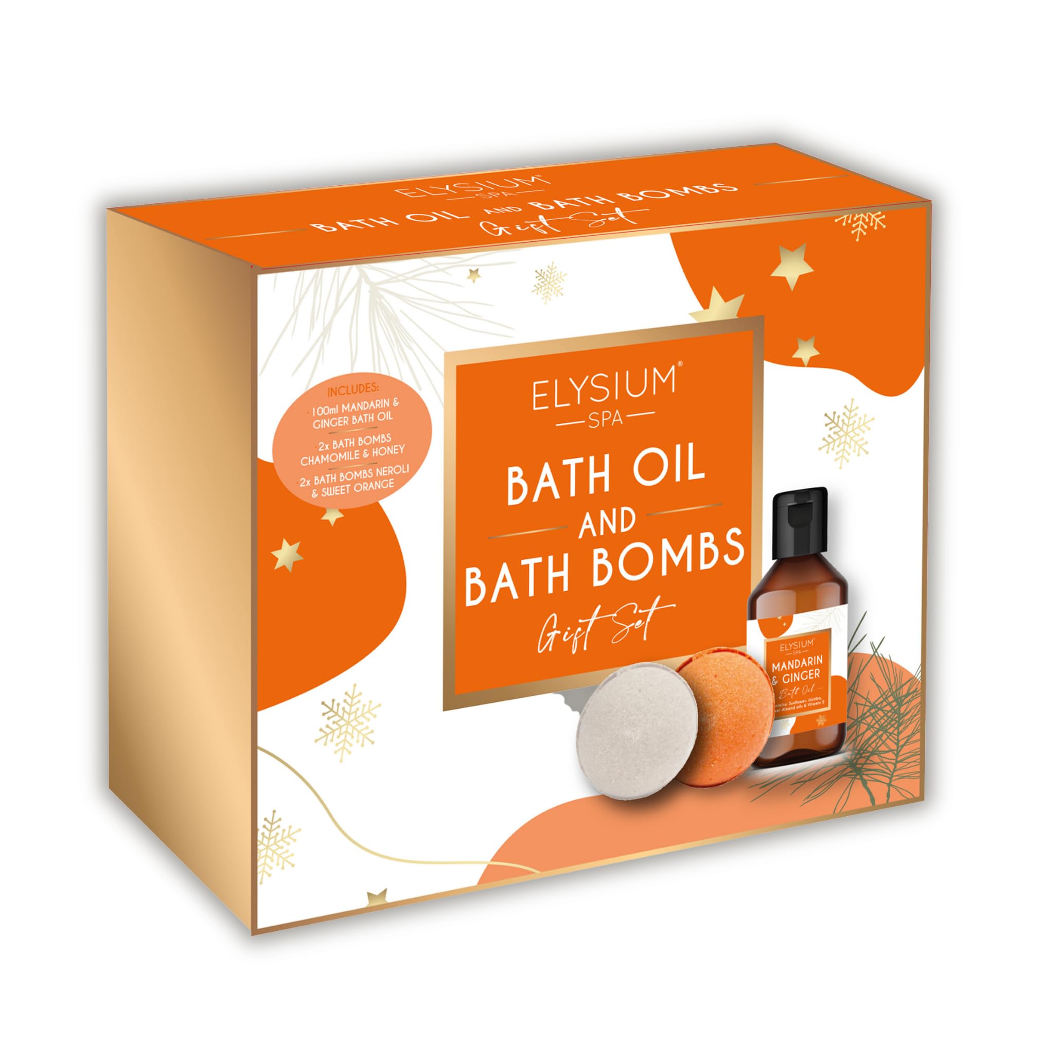 Christmas Bath Gift Set - Elysium Spa Bath Oils Aromatherapy in Mandarin & Ginger 100ml with 2X Chamomile & Honey Bath Bombs, and 2X Neroli Sweet Orange Shower Bombs - Bath Bombs for Women Gifts Set