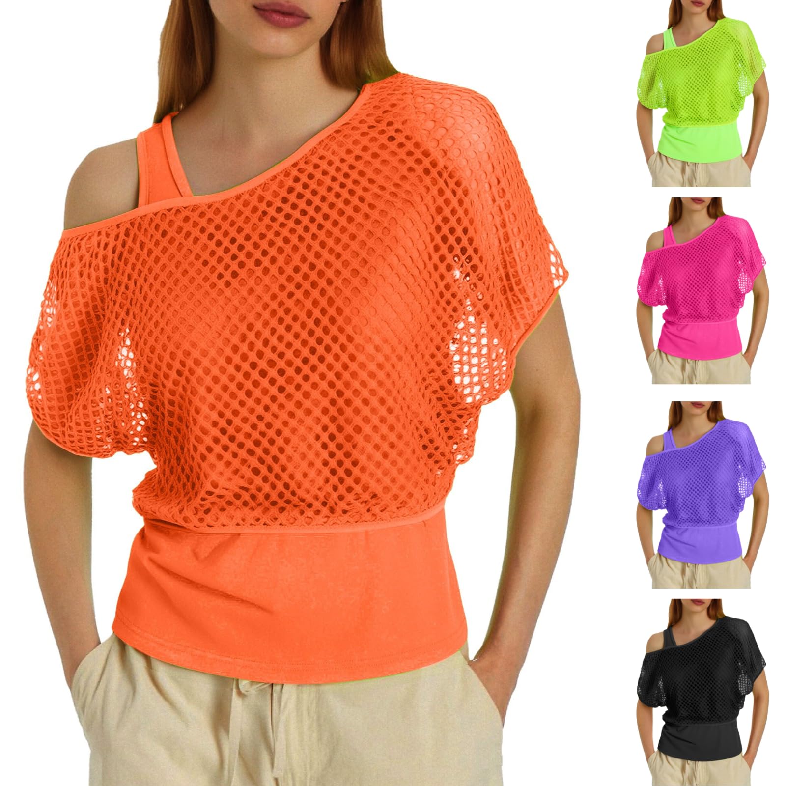 Neon Mesh Top Women's Mesh Top Mesh Shirt Carnival Costume 70s 80s Shirt Short Sleeve Blouse T-Shirt Aerobic Rave Party Top Fancy Dress Theme Party Outfit Fancy Dress Costumes, orange, XL