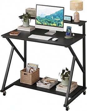 Tangkula Rolling Computer Desk Cart with Power Outlets, 32" Mobile Portable Laptop PC Desk with Monitor Stand, CPU Stand & Storage Shelf, Compact Small Desk on Wheels for Small Space (Black)