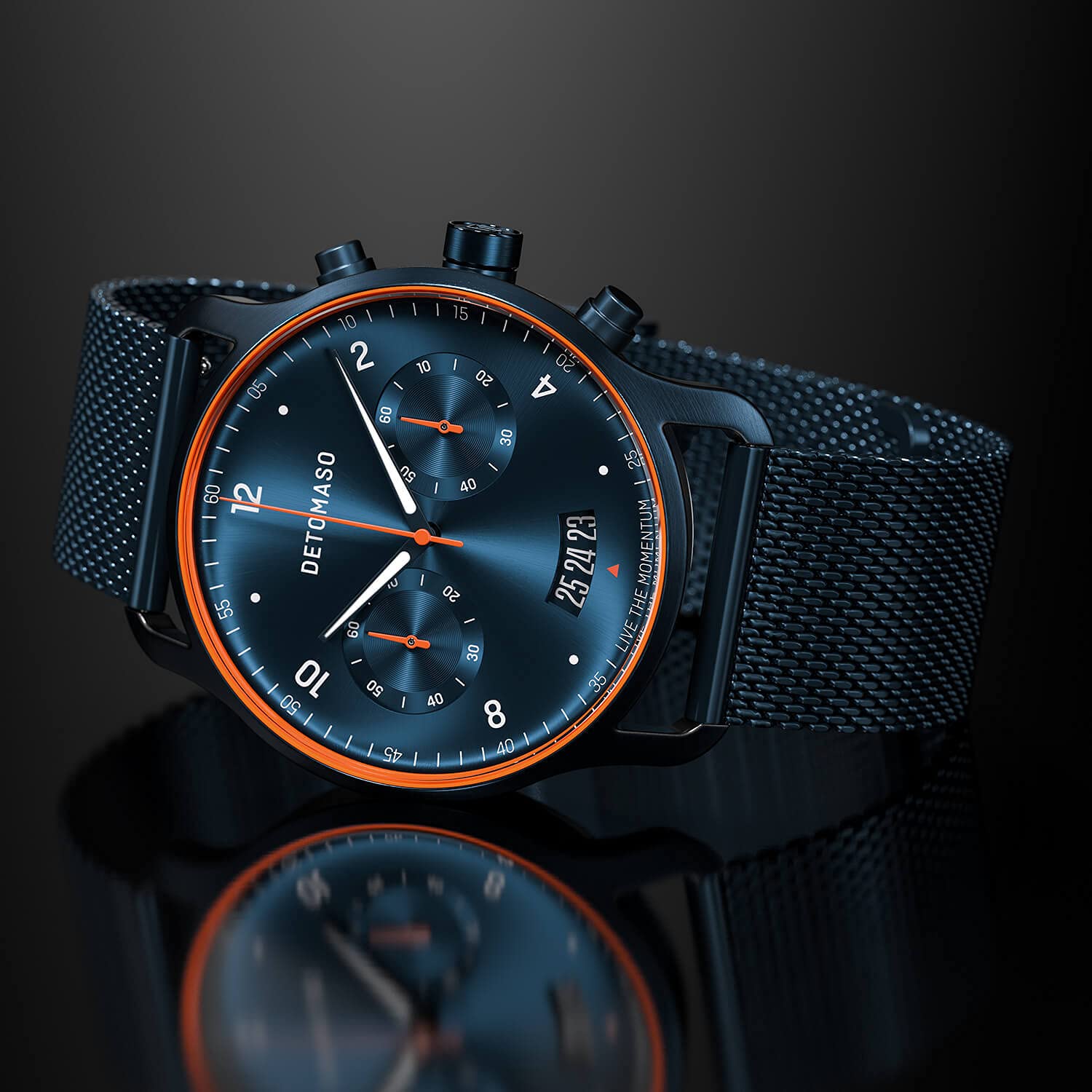 DeTomaso SORPASSO Velocita Blue Orange Herren-Armbanduhr Analog Quarz Mesh Milanese Blau Brushed
