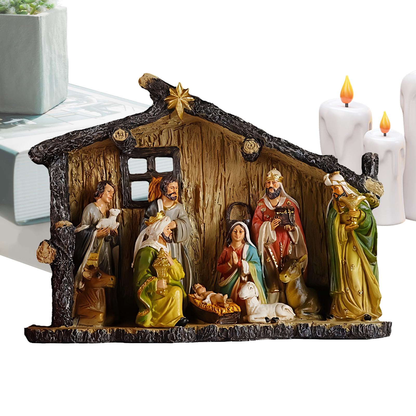 Scena della Natività - Decorazioni di Statue di Natale da 38 cm - Statuine della nascita di Gesù in resina con asilo nido - per tavolo caminetto famiglie cattoliche chiesa casa