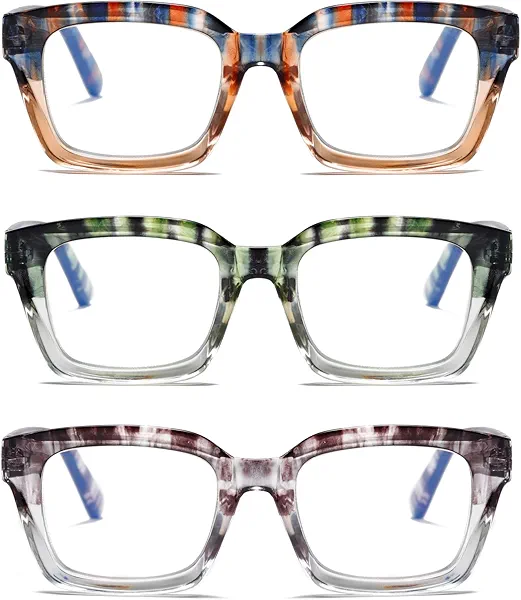 Hubeye 3 Pairs Retro Oversized Large Frame Reading Glasses for Women Men Square Fashion Oprah Style Blue Light Blocking Computer Reader with Glasses Cloth Cover +3.0