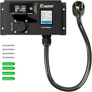 Exqutoo AC Power Meter - NEMA Conversion Outlet, 120/240 VAC L6-30P to L5-30R with Breaker & Voltmeter, LCD Digital Real-Time Display, Multifunction Monitor Outlet with Waterproof Cover, 30 A