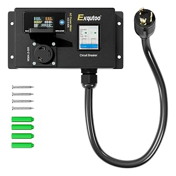 Exqutoo AC Power Meter - NEMA Conversion Outlet, 120/240 VAC L6-30P to L5-30R with Breaker & Voltmeter, LCD Digital Real-Time Display, Multifunction Monitor Outlet with Waterproof Cover, 30 A