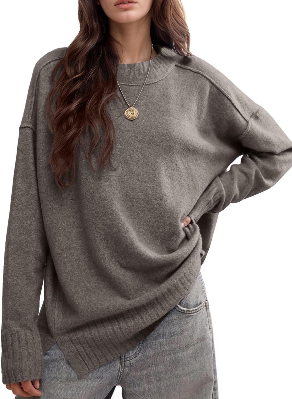 UNCLECAT Womens Oversized Sweaters 2025 Fall Fashion Pullover Crewneck Tops Trendy Side Slit Loose Fit Outfits Clothes