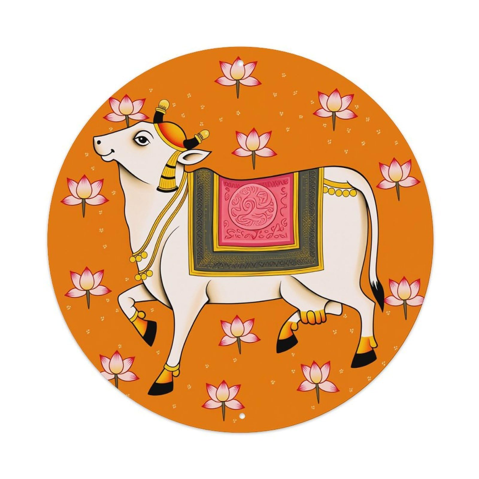 Sacred Cow With Lotus Flowers Round Tin Sign Retro Metal Sign for Cafe Bar Pub Home Game Room Gym Club Wall Decoration Vintage Metal Poster 8x8 Inch