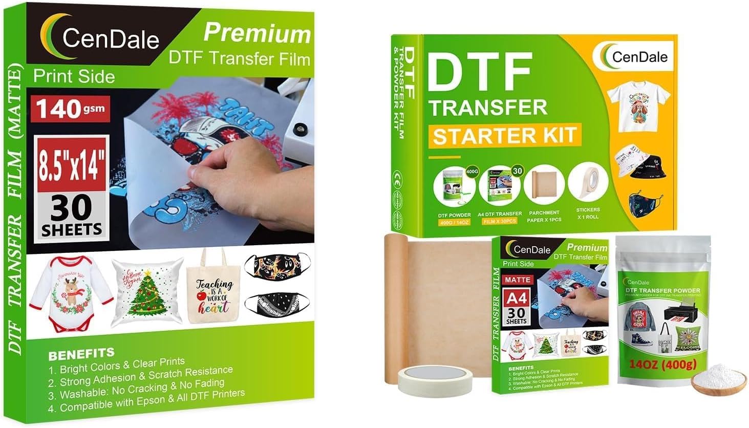 Save 50% on DTF Transfer Film 8.5"x14" 30 Sheets and DTF Starter Kit with 400g Powder