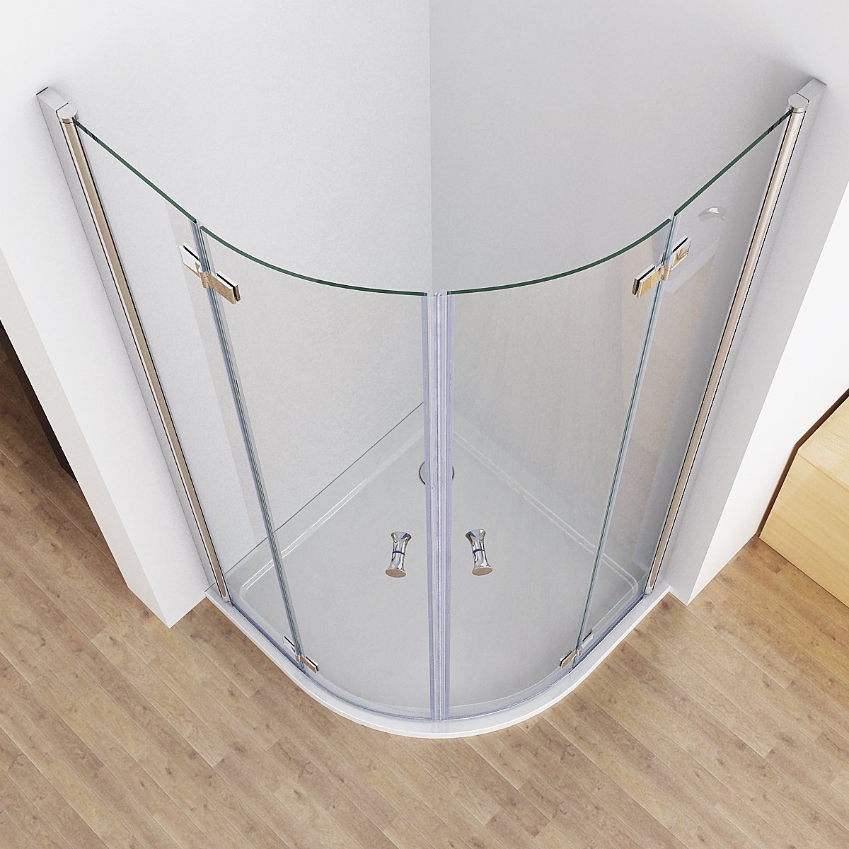90 x 90 cm Duschkabine Runddusche Duschabtrennung Falttür NANO Echtglas Viertelkreis mit Duschwanne Duschtasse