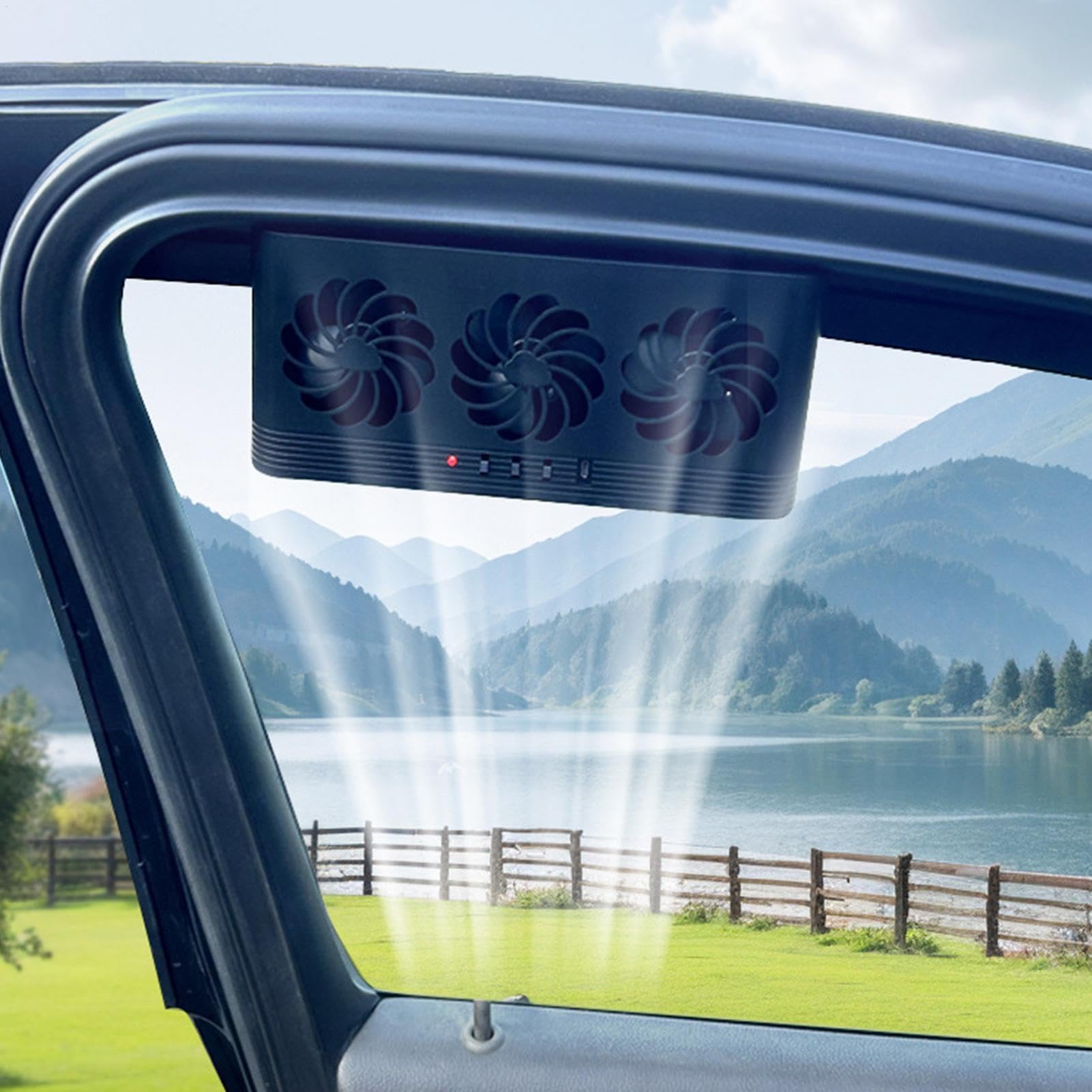Air Circulation, Car Window Fan, Auto Solar Three-Head Cooling, Tool With Solar-Powered Ventilation, Portable Air Cooler For Rv, Small Suv, Truck, And Sedan, 23x11.3x5cm