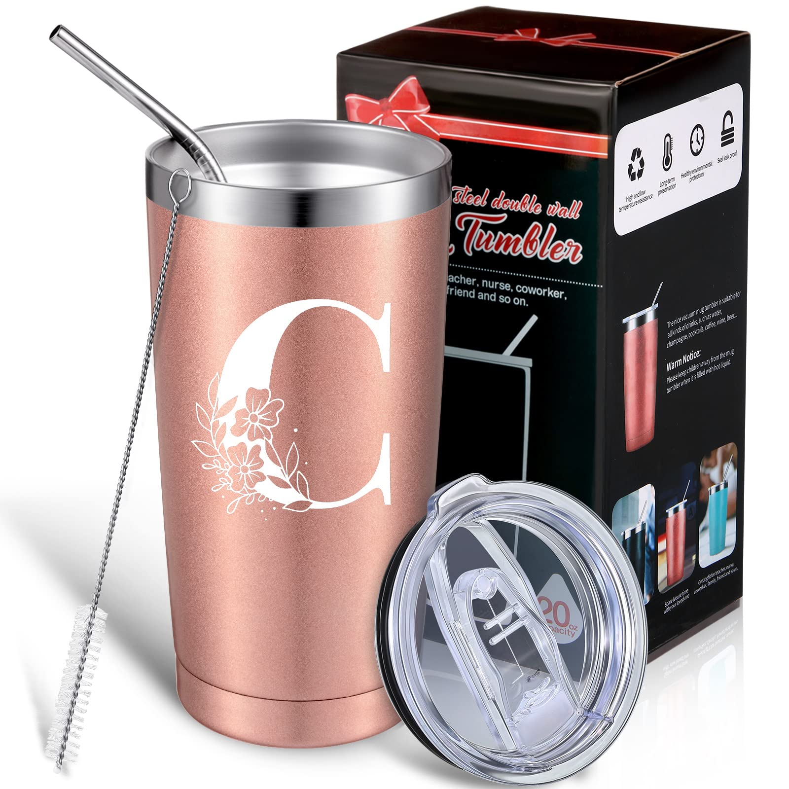 Thenshop Personalized Initial Mug Tumbler 20oz, Monogrammed Travel Mug with Gift Box for Wedding Birthday Graduation Party, Birthday Christmas Gifts for Women Mom Sisters Teacher Coworker (C)