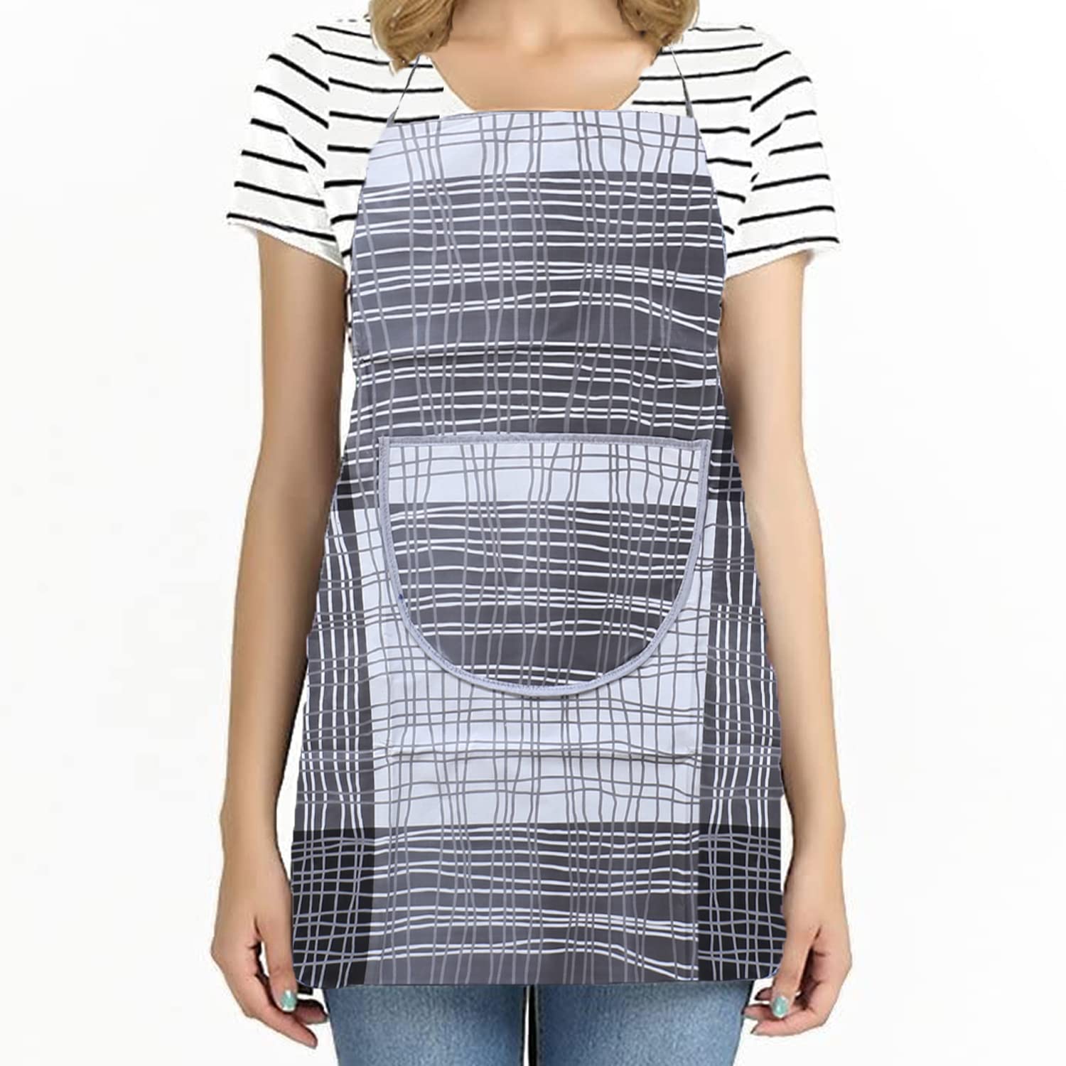 Kuber Industries Apron|PVC Unique Check Printed Kitchen Chef Cloth|Waterproof Centre Pocket Apron With Tying Cord for Men & Women (Gray)