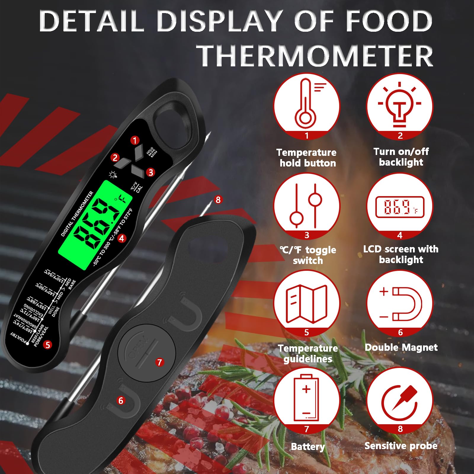 Termometro da cucina, impermeabile IP67, termometro digitale per carne con retroilluminazione, calibrazione e funzione di tenuta, termometro per alimenti, per cucinare, grigliare all'aperto, fare
