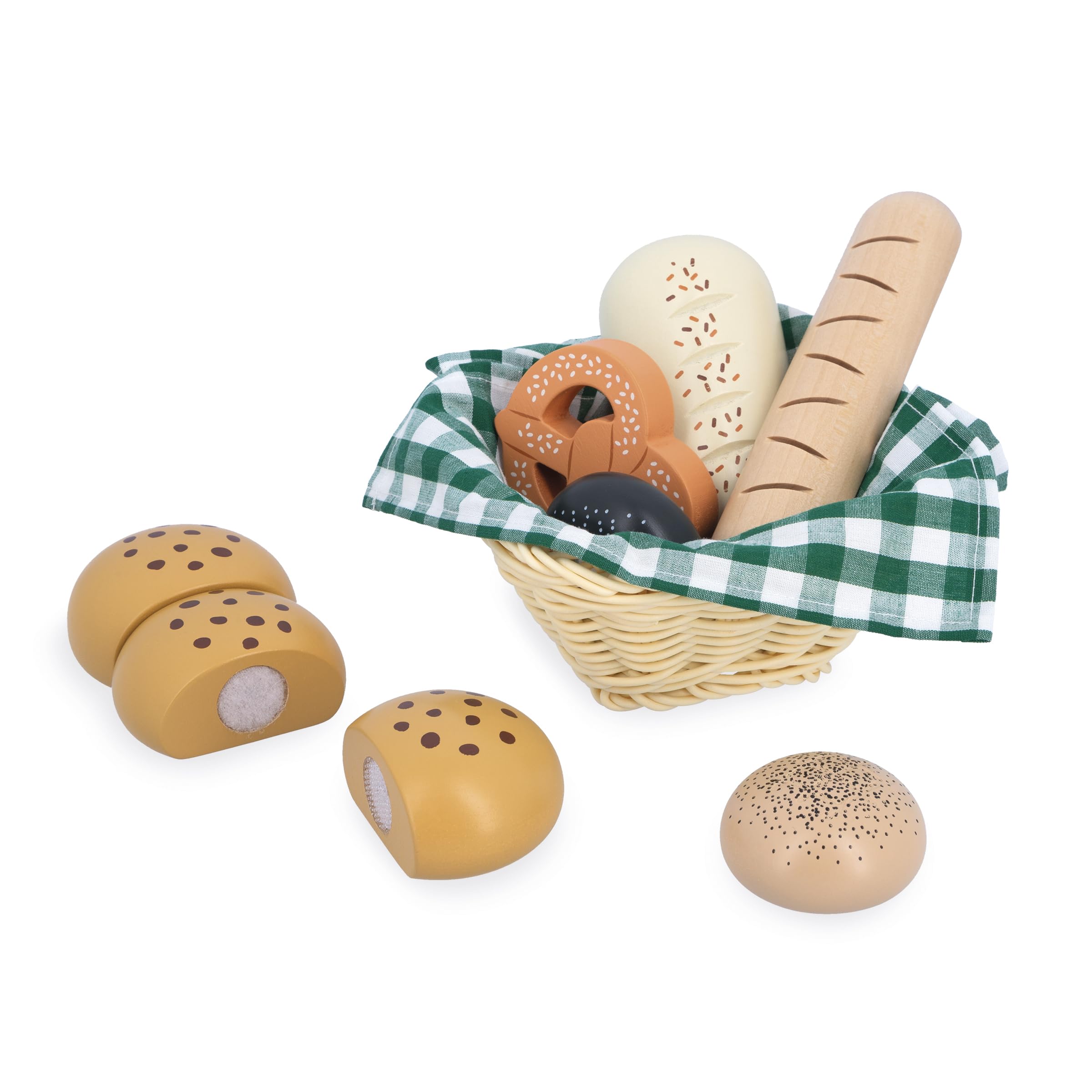 Janod - Wooden Bakery Basket - Viennoiseries Basket - 6 Realistic Dinette Accessories - Ideal Complement to a Child's Kitchen - Develops Imagination - From 3 years - J06645
