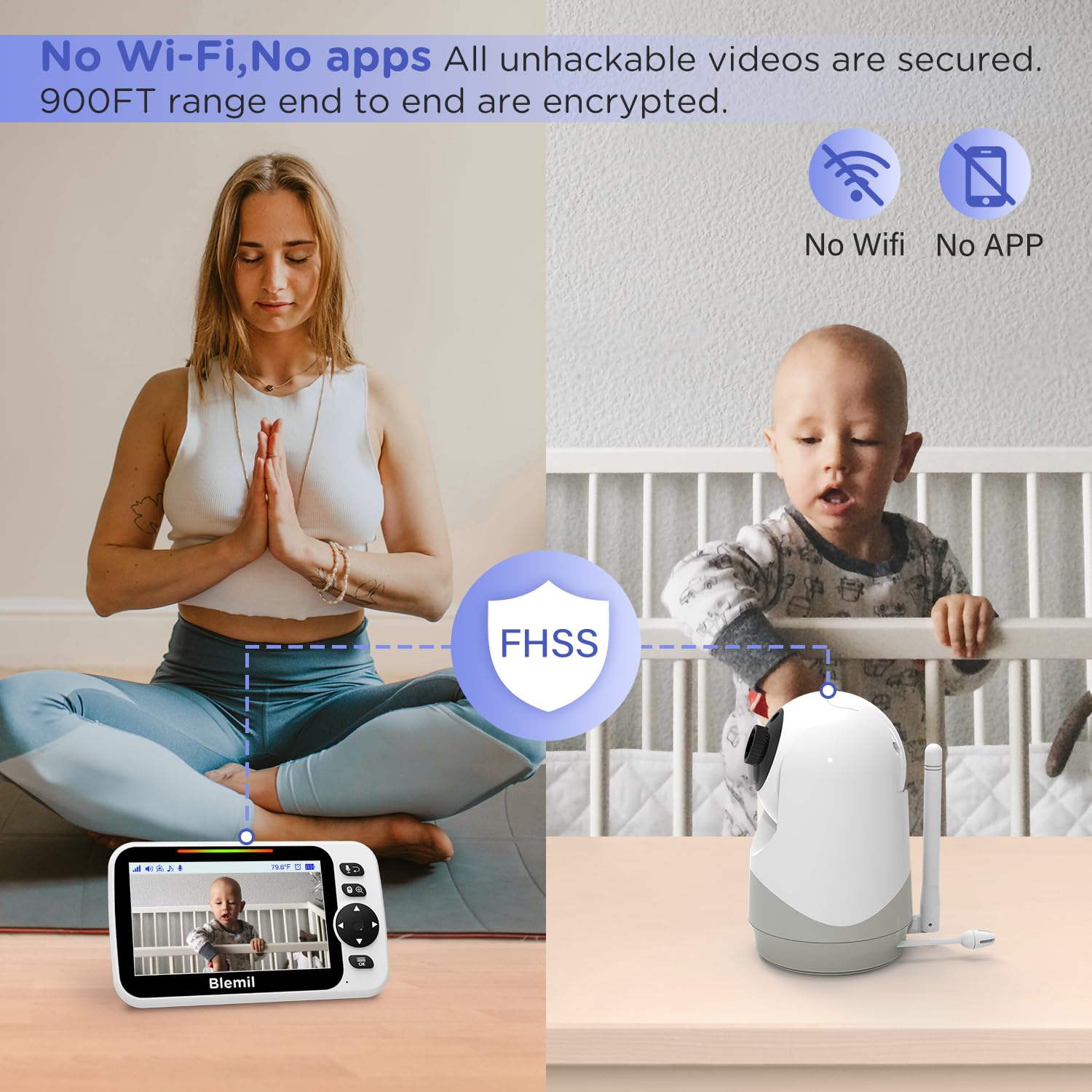 Blemil Moniteur Bébé Vidéo 5'', Écran Partagé, Modèle Amélioré, sans WiFi | Babyphone caméra bébé, mode ECO, vision nocturne, PTZ à distance, interphone bidirectionnel et berceuses