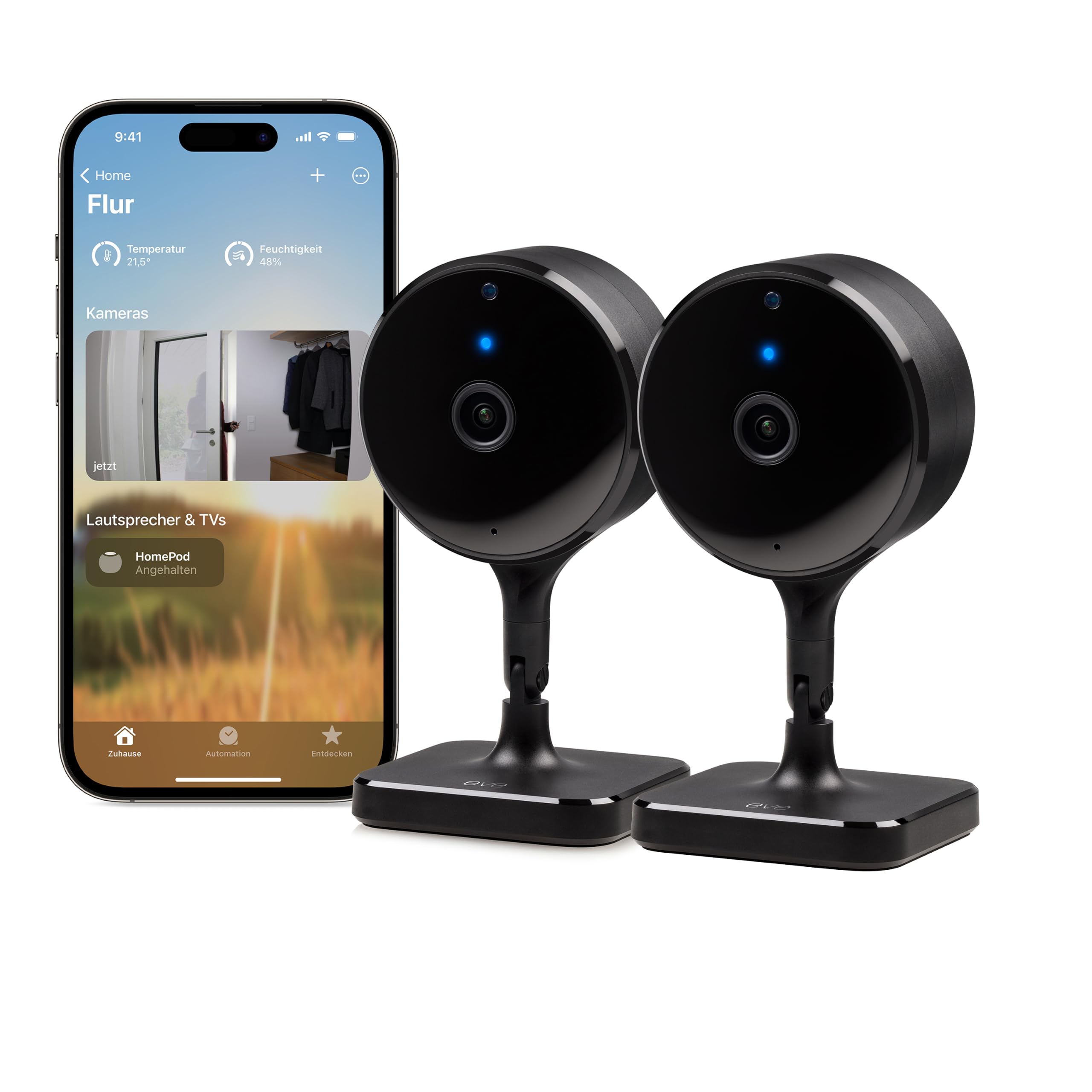 Eve Cam (Apple Home) 2er-Pack - Smarte Innenkamera | Privatsphäre (HomeKit Secure Video), Full HD, WLAN (2,4/5 GHz), iPhone-Mitteilungen, Mikrofon & Speaker, Nachtsicht