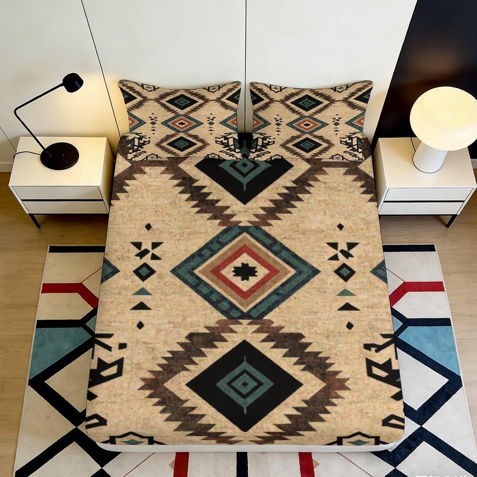 3D Printed Aztec Tribal Fitted Sheet Microfiber Soft Breathable Geometric Diamond Mattress Cover for Bedroom Dorm Decor 140x200x25cm