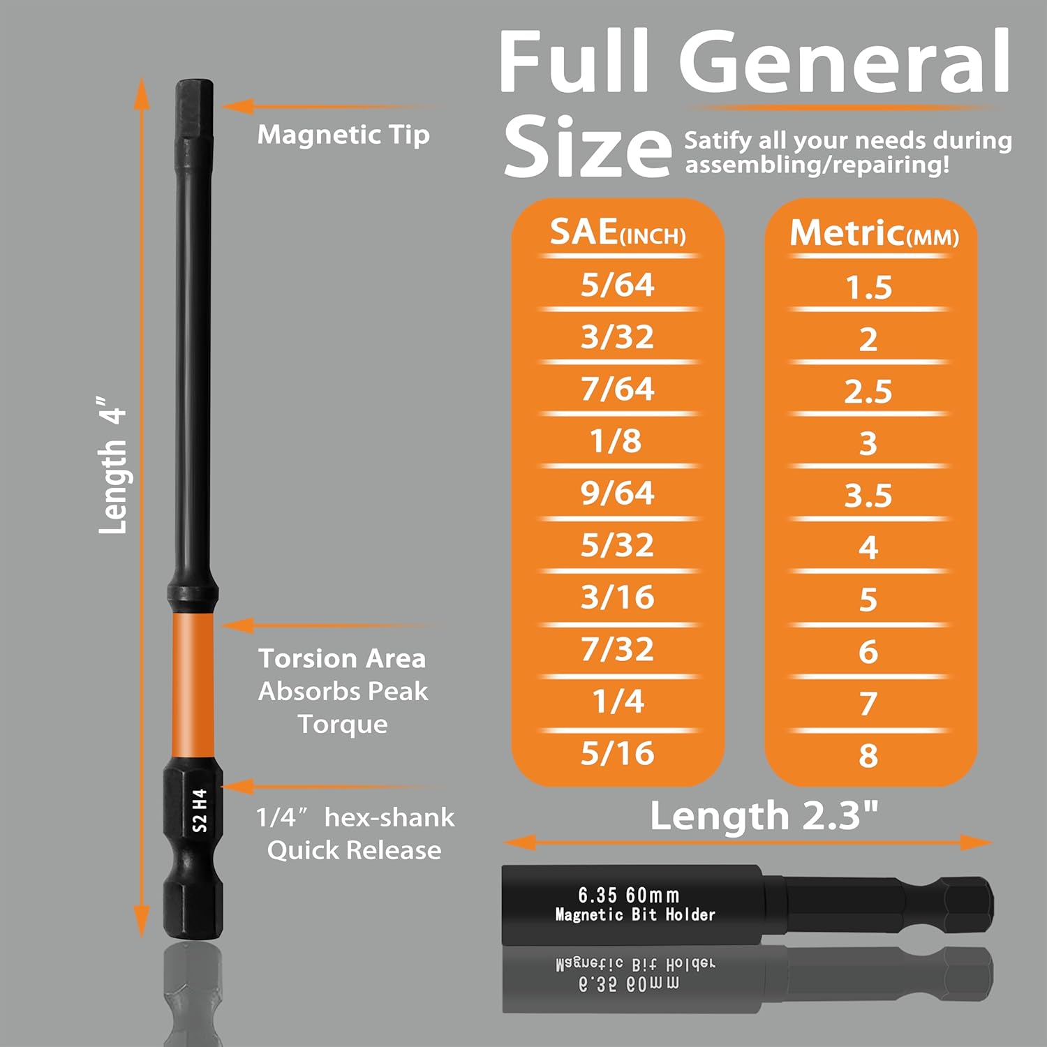 Impact 4’’ Long Hex Head Allen Wrench Drill Bit Set 20PCS(Metric & SAE), 1/4’’ Hex Shank S2 Steel Hex Bit Set, CNC Machined Tips with Extension Socket and Storage Box