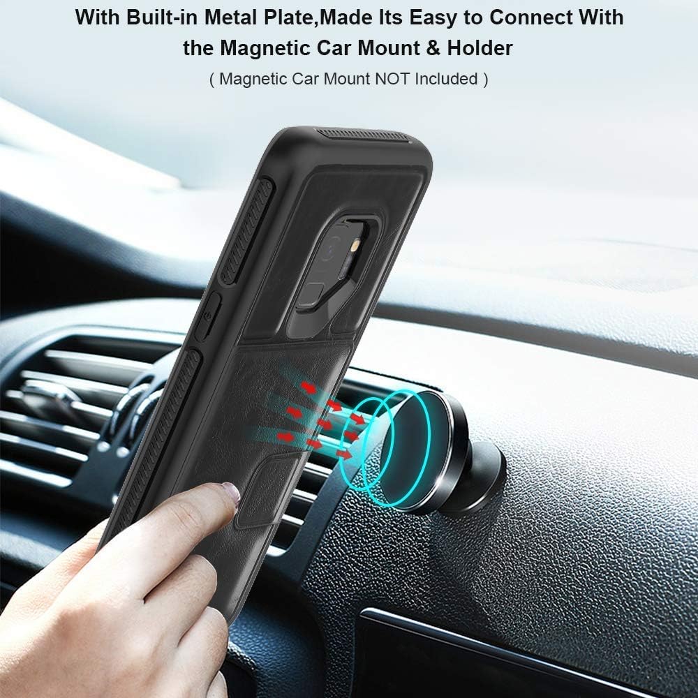 Galaxy S9 Case with Card Holders,SXTech (Leather Cover Series) Slim Yet Protective with Kickstand.Built-in Magnetic Backing Wallet Case Fit for Samsung Galaxy S9 5.8 Inch (2018) Cover-All Black