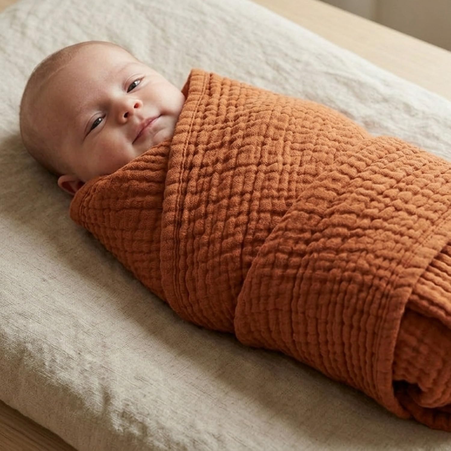 nordic coast company Musselin Decke Baby [75 x 85 cm] – Musselindecke | Krabbeldecke Neugeborene – 100% Baumwolle, 4-lagig, Spucktuch, Stilltuch – Baby Erstausstattung Neugeborene (Zimt Braun)
