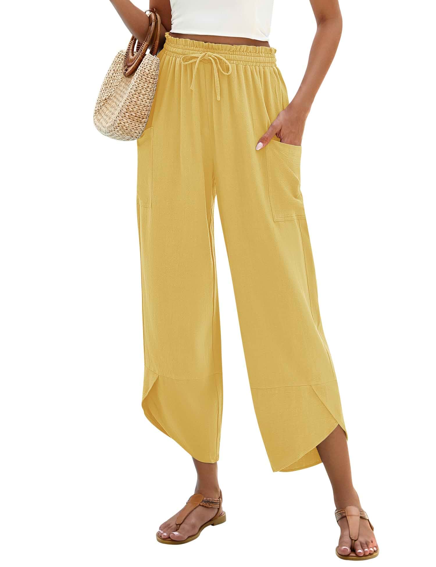 LOMON Linen Pants Women Summer Boho Wide Leg Capri Palazzo Flowy,Barrel,Harem,Cropped,Cotton,Casual,Ankle Length,Beach Vacation Outfits,Resort Wear,with Drawstring Pockets