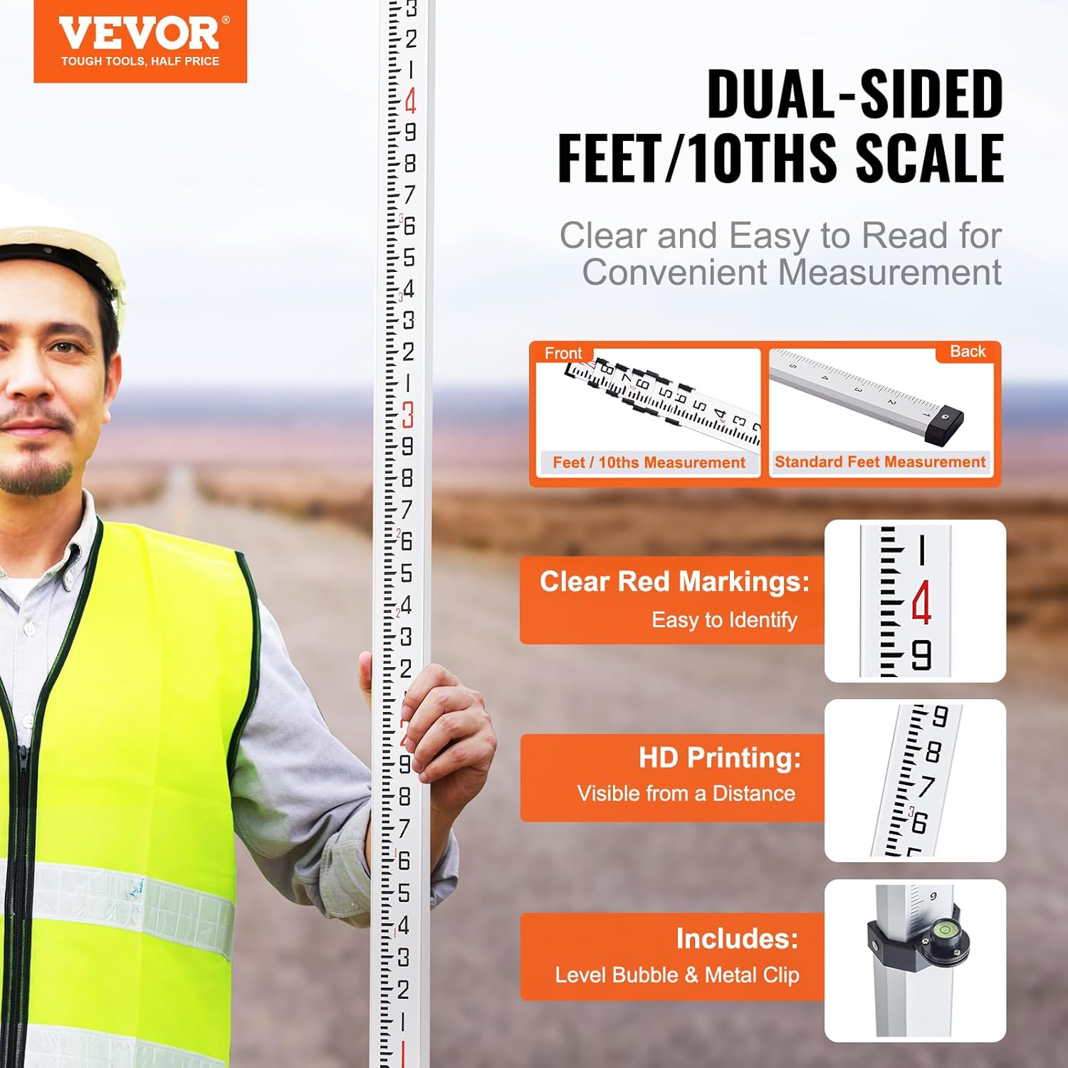 VEVOR Aluminum Grade Rod, 25-Feet/10ths 6 Sections Telescopic Measuring Rod,Double-Sided Scale 1/10ft Leveling Rod Stick,Aluminum Alloy Survey Rod w/Bubble Level &Carrying Bag for Houses,Walls,Floors