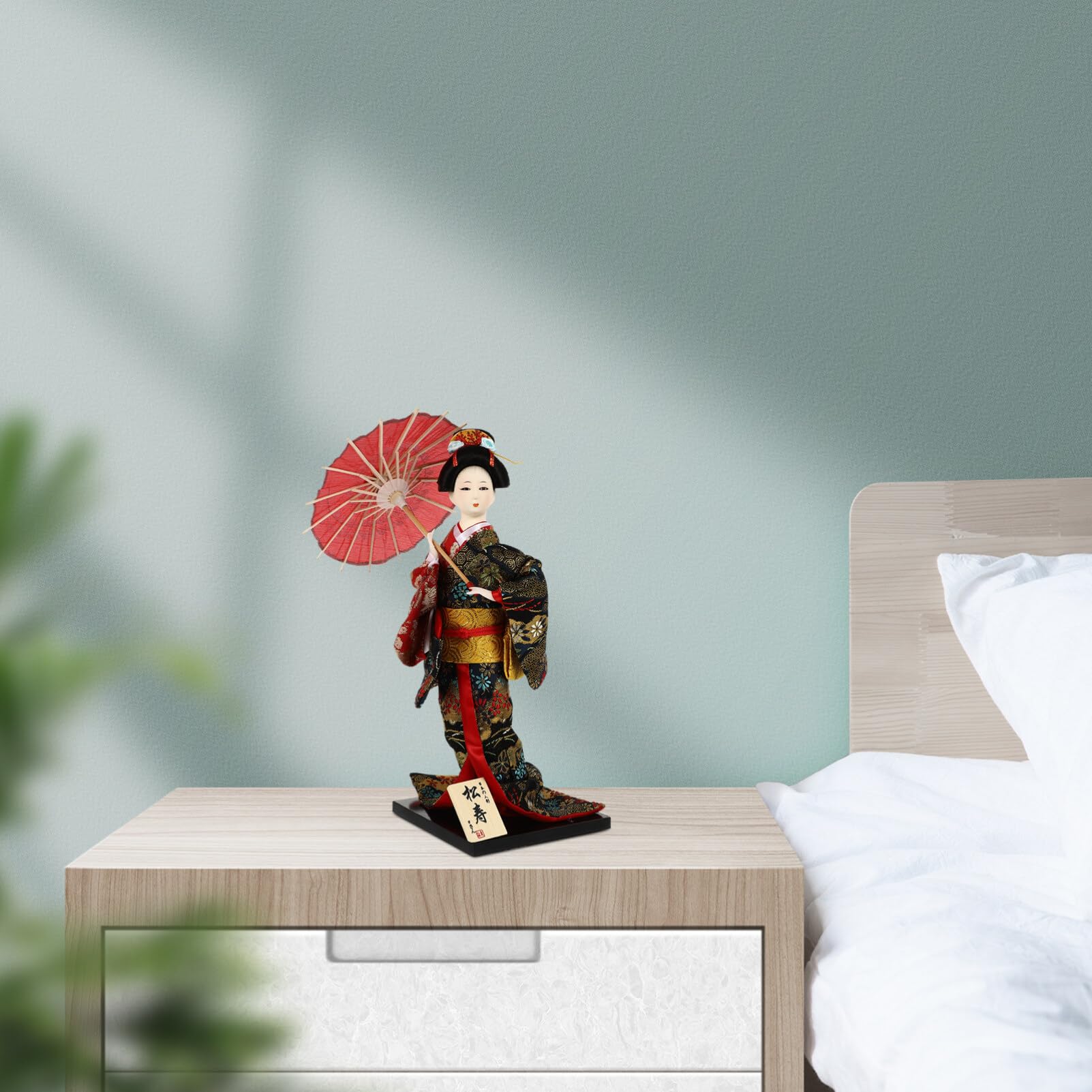 Bambola Geisha Giapponese in Legno Artigianale 12.20x4.72x4.72In Decorazione Desktop Kimono Figurina da Collezione