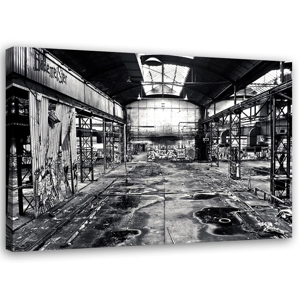Feeby Quadro Tela Non Tessuta Fabbrica abbandonata Sala Decadimento 120x80 cm d' Arte Moderna Decorazione Murale Estetica Rottami metallici Edificio rovinato Macchine grigio