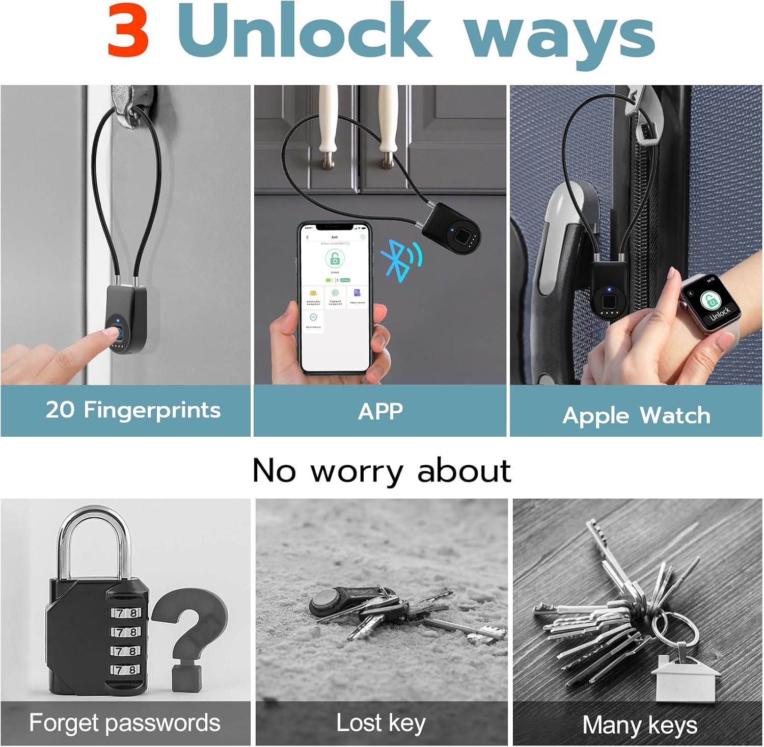 Fingerprint Cable Lock, 6" Long Cable Smart Padlock with Fingerprint Bluetooth APP, Keyless Biometric Waterproof Outdoor Gate Lock for Refrigerator French Door Fence Backyard Pantry Black 6" Shackle