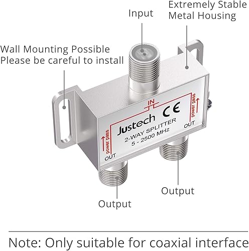 Miniatura 7 de Justech Divisor de cable coaxial aéreo de TV de 2 vías, divisor de cable coaxial 5-2500MHz con cable coaxial de 4.9 ft conectores F para Sky Box