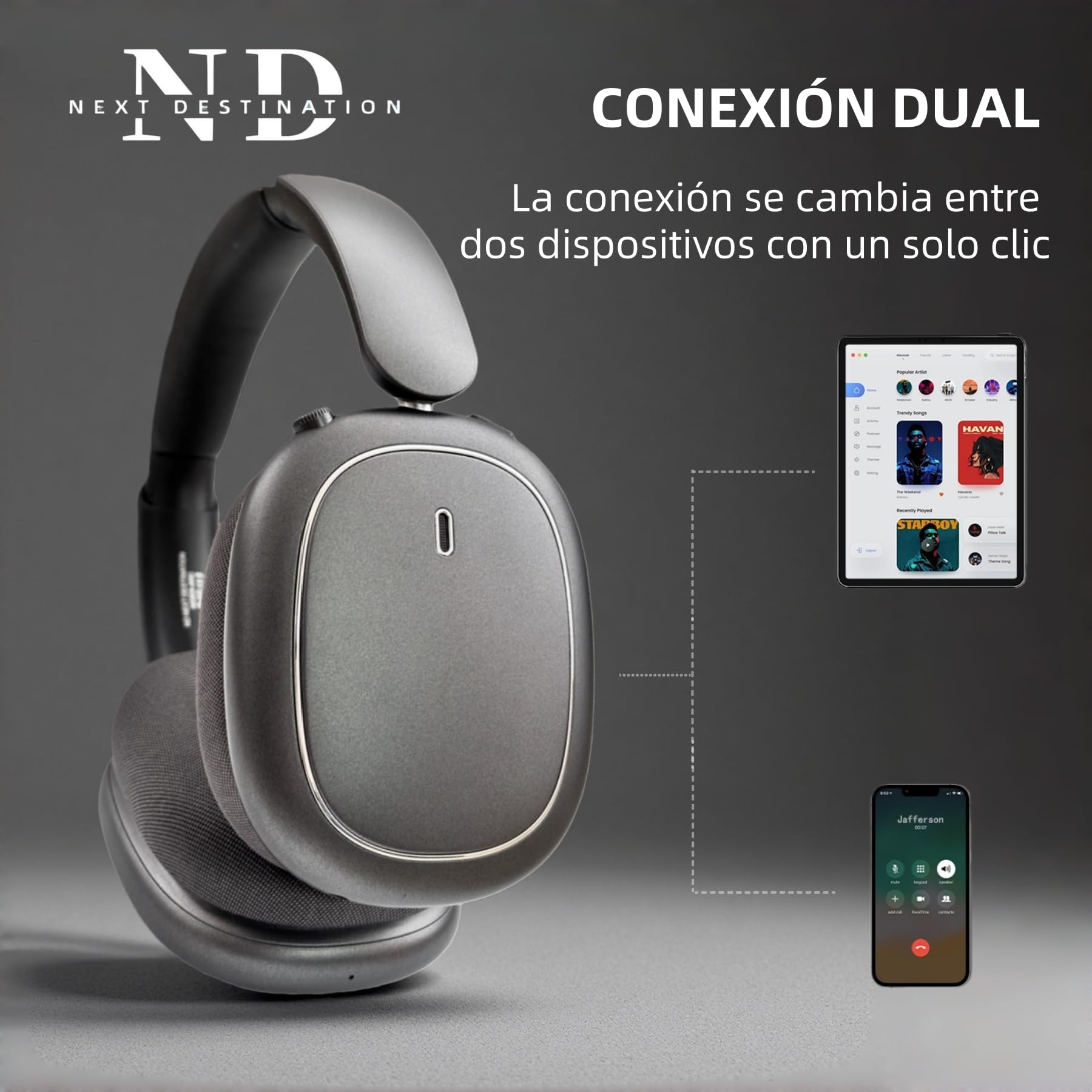 Next Destination ND905-ANC Auriculares Inalámbricos de Diadema Bluetooth 5.4 Cancelación de Ruido Activa 40H Autonomía Bajo Potente Cascos con Micrófonos para Llamadas Almohadas Magnéticas Negro