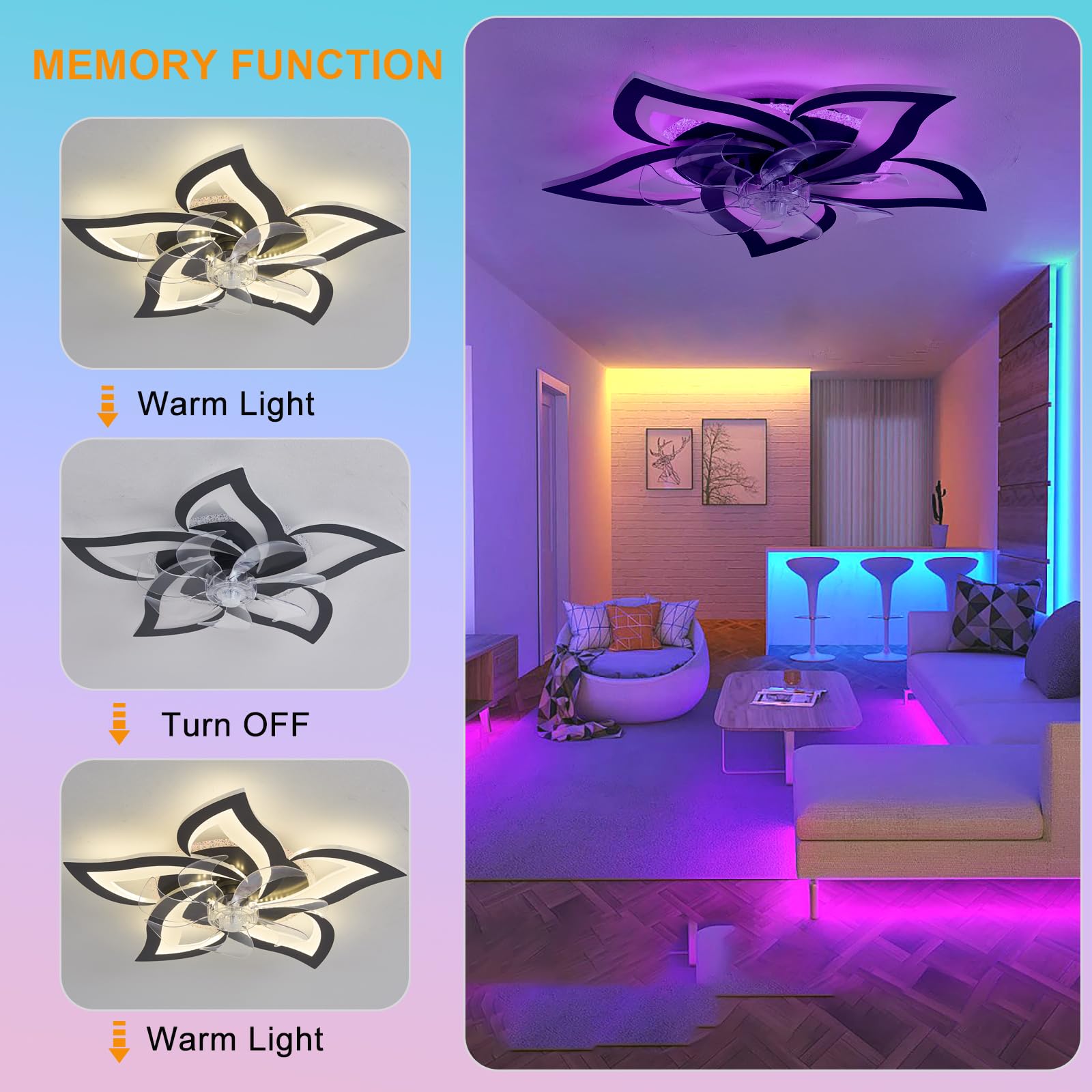 RGB-kleurveranderende plafondventilator, 6-snelheden omkeerbaar licht, stille dimbare LED-plafondventilator voor kinderkamers - RGB-wit