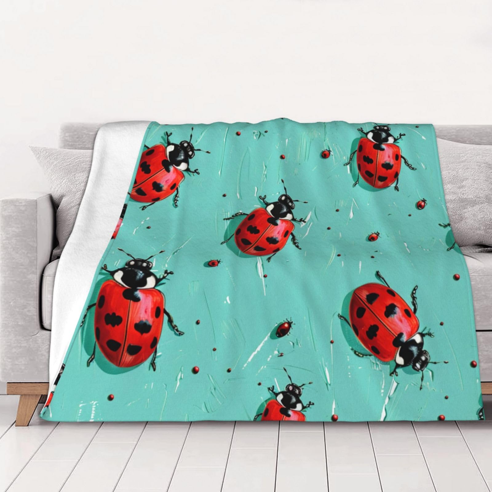 AUBKFELD Red Ladybugs On A Blue Background Printed Flannel Blanket 200x150 CM, Soft & Warm Throw Blanket for Sofa/Couch/Bed/Car, Gifts for Audlts Women Men