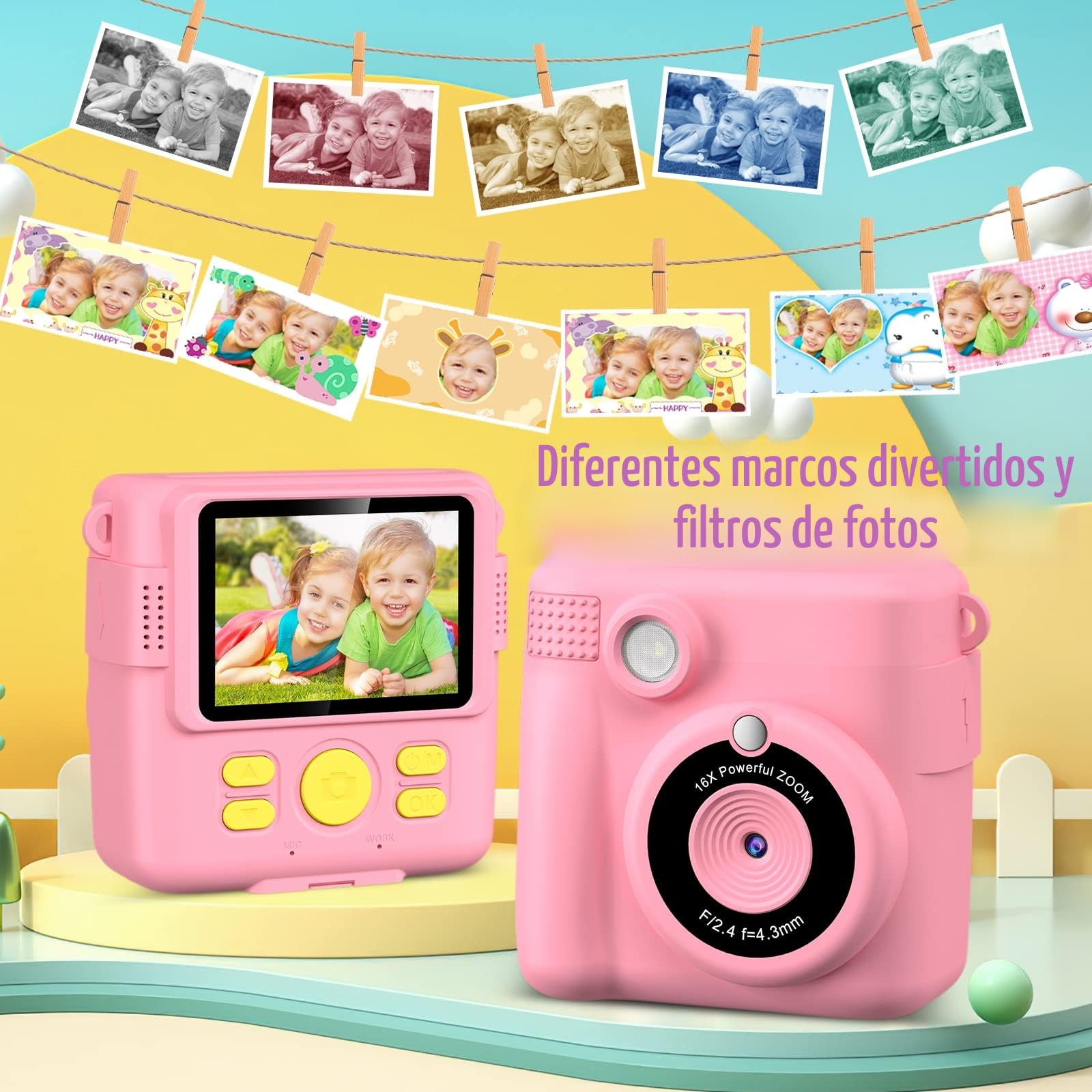 Camara Fotos Infantil Instantanea,GREENKINDER Camara Fotos Infantil,2.4" HD 1080P Cámara Instantánea para Niños con Tarjeta de 32GB,Bolígrafos de Colores y Papel de Impresión