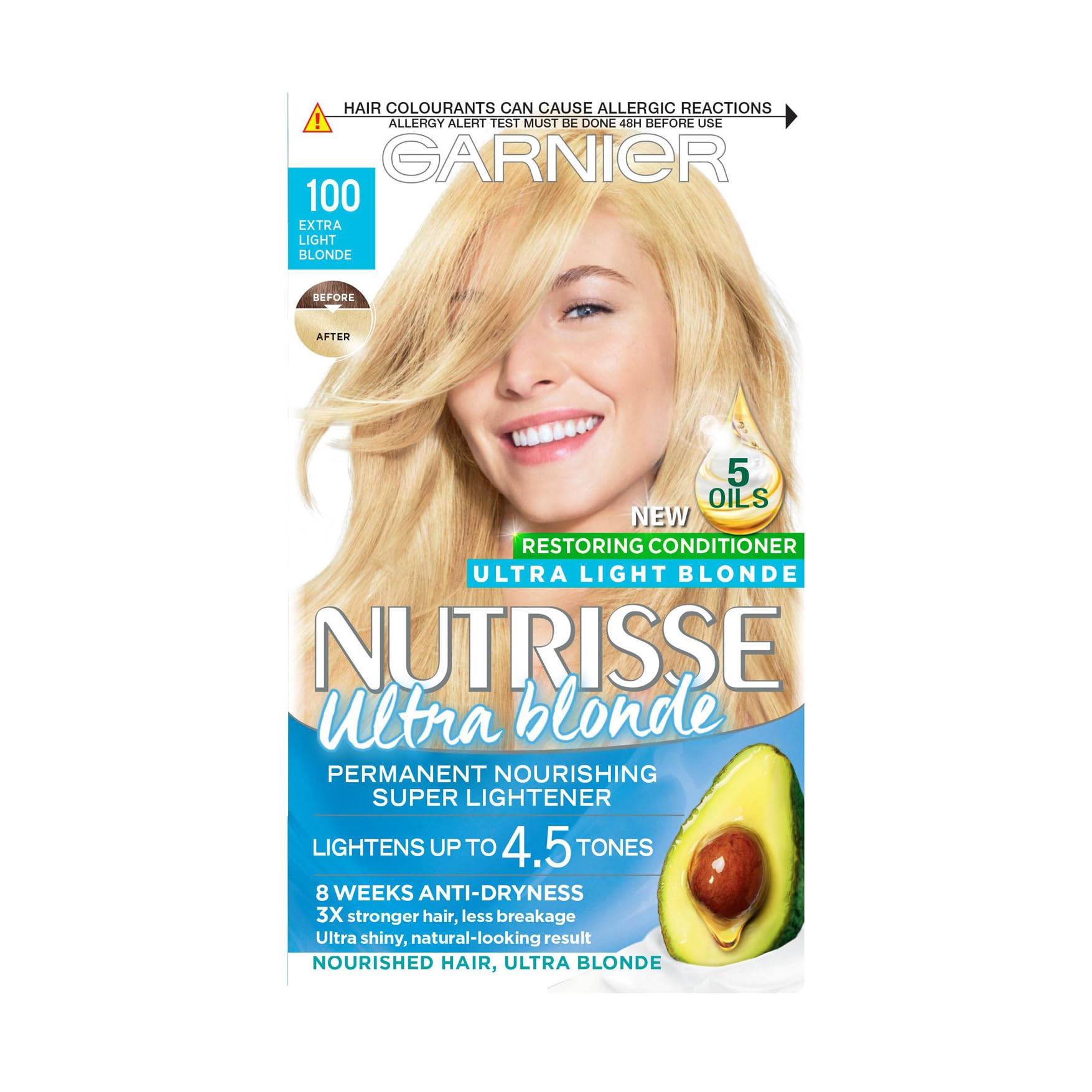 GarnierNutrisse Ultra Blonde Hair Dye, 100% Grey, 4.5 Levels Lightener, No Ammonia, Vegan, 100 Extra Light Blonde