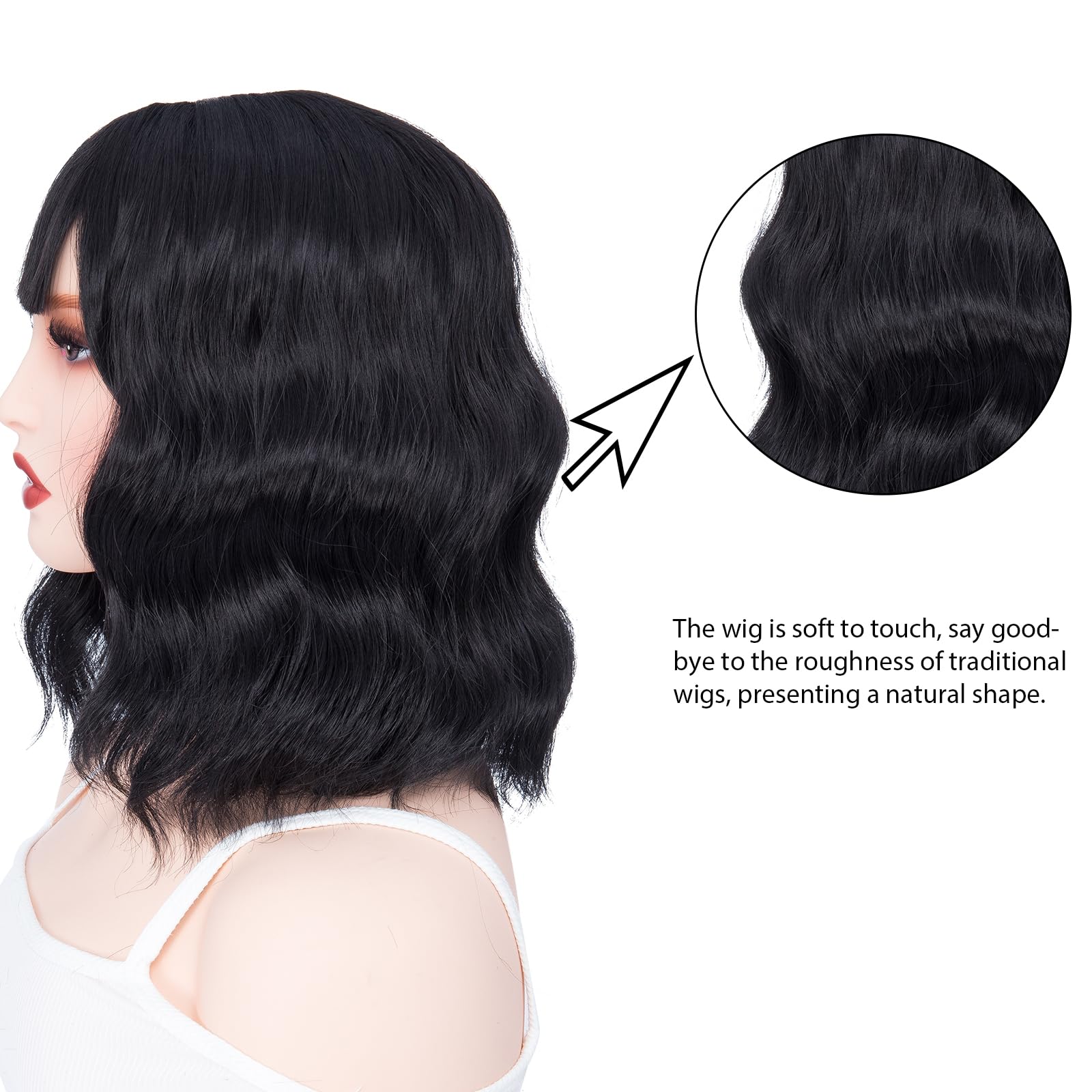 BUYOGET Wavy Bob Wig with Bangs Natural Black Synthetic Hair Shoulder Length 12 Inch Short Curly Wigs for Women - Image 3