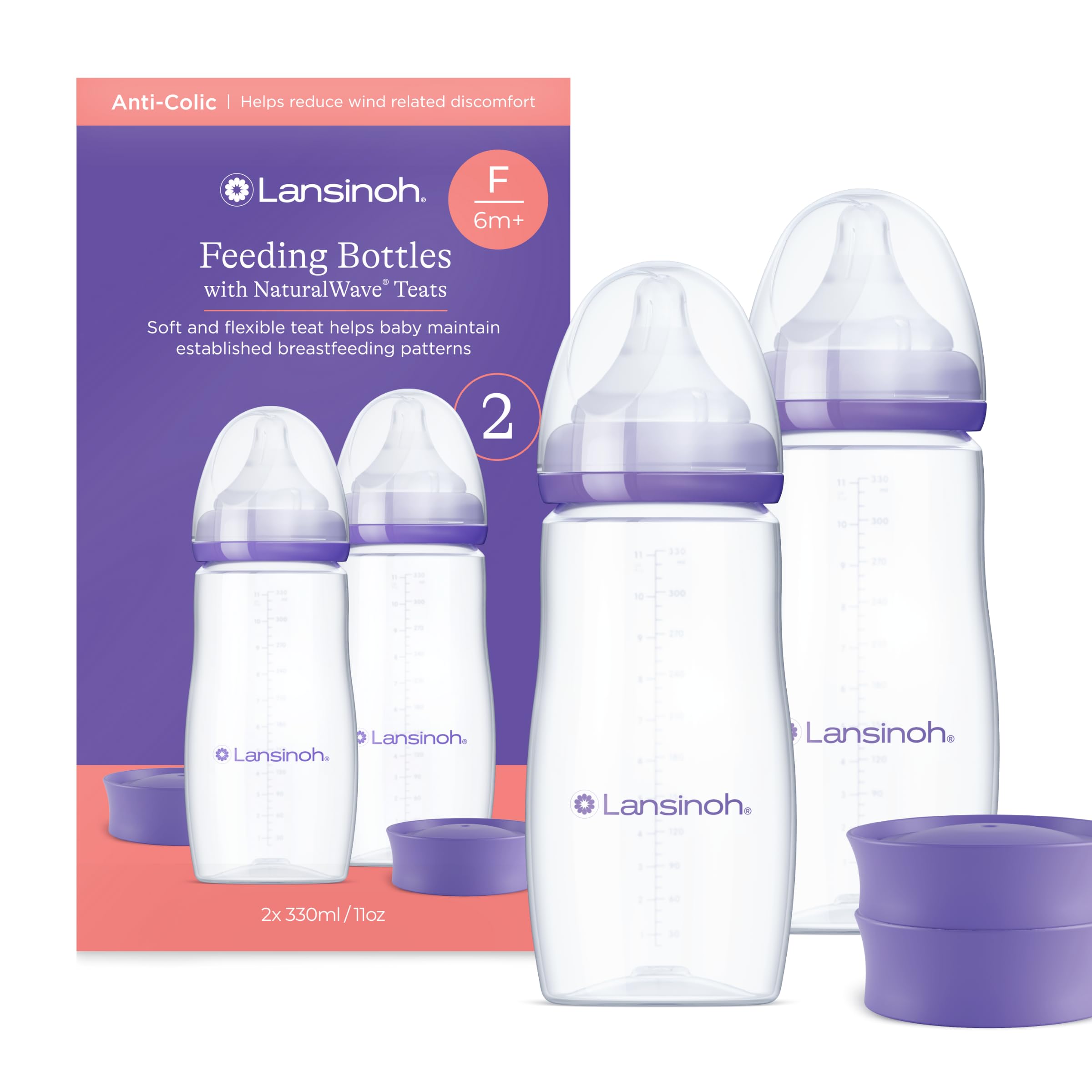 Lansinoh Anti Colic Baby Bottles 330 ml - 2 Pack - Fast Flow Teats