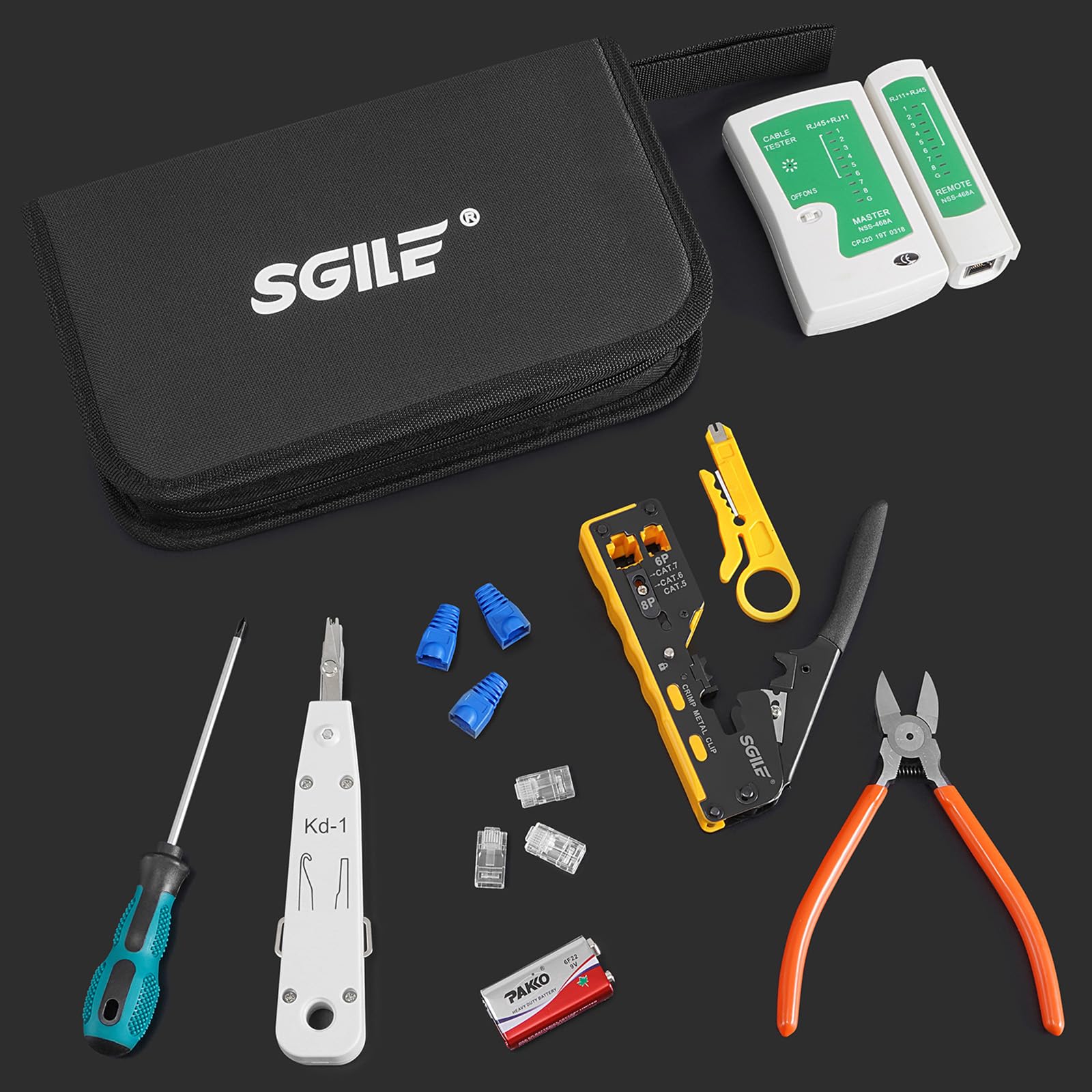 SGILE RJ45 Kit Herramientas Completo de Prensado, Cat5 Cat6 Cat7 Máquina Integrada Multifunción, Juego de Pruebas de Cable LAN de Mantenimiento Informático, 50 Conectores CAT6
