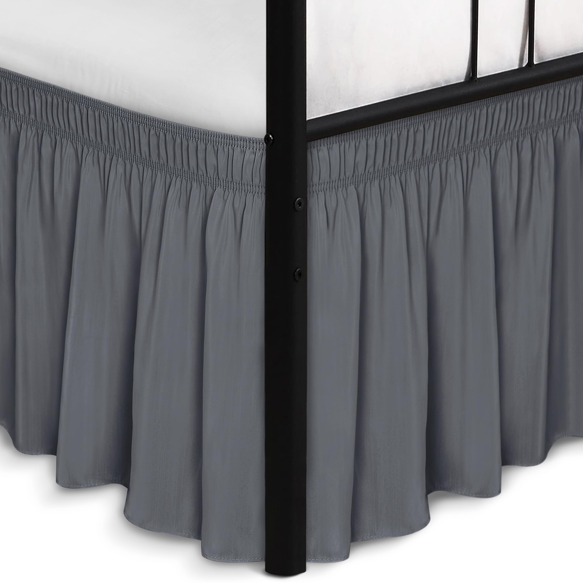 Biscaynebay Wrap Around Bed Skirts with Split Corners for Queen Beds 16" Drop, Dark Grey Elastic Dust Ruffles Adjustable Easy Fit Wrinkle & Fade
