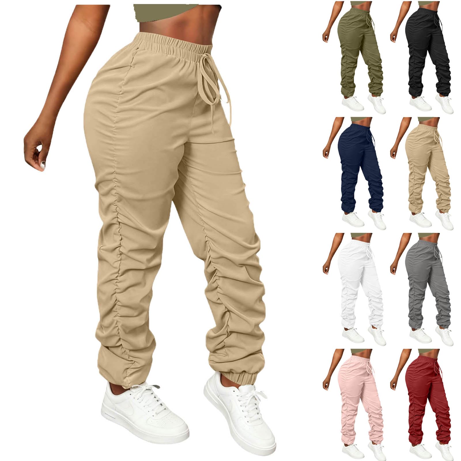 Womens Slim Cargo Pants Pleated Cuffed Trousers Adjustable Drawstring Jogger Casual Hiking Pants Punk Streetwear