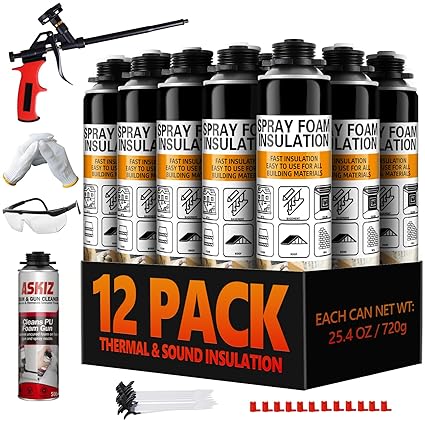 Spray Foam Insulation - Closed Cell Insulation Spray Foam 25.4 oz. Wall & Attic Acoustic Expanding Sealant, Covers Up to 240 Board Feet, Gun & Cleaner Included, 12 Pack