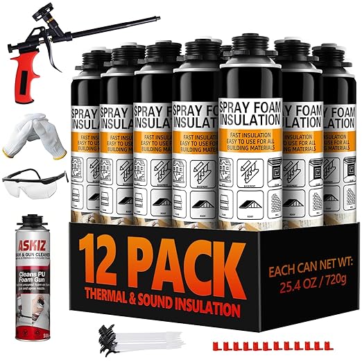 Spray Foam Insulation - Closed Cell Insulation Spray Foam 25.4 oz. Wall & Attic Acoustic Expanding Sealant, Covers Up to 240 Board Feet, Gun & Cleaner Included, 12 Pack