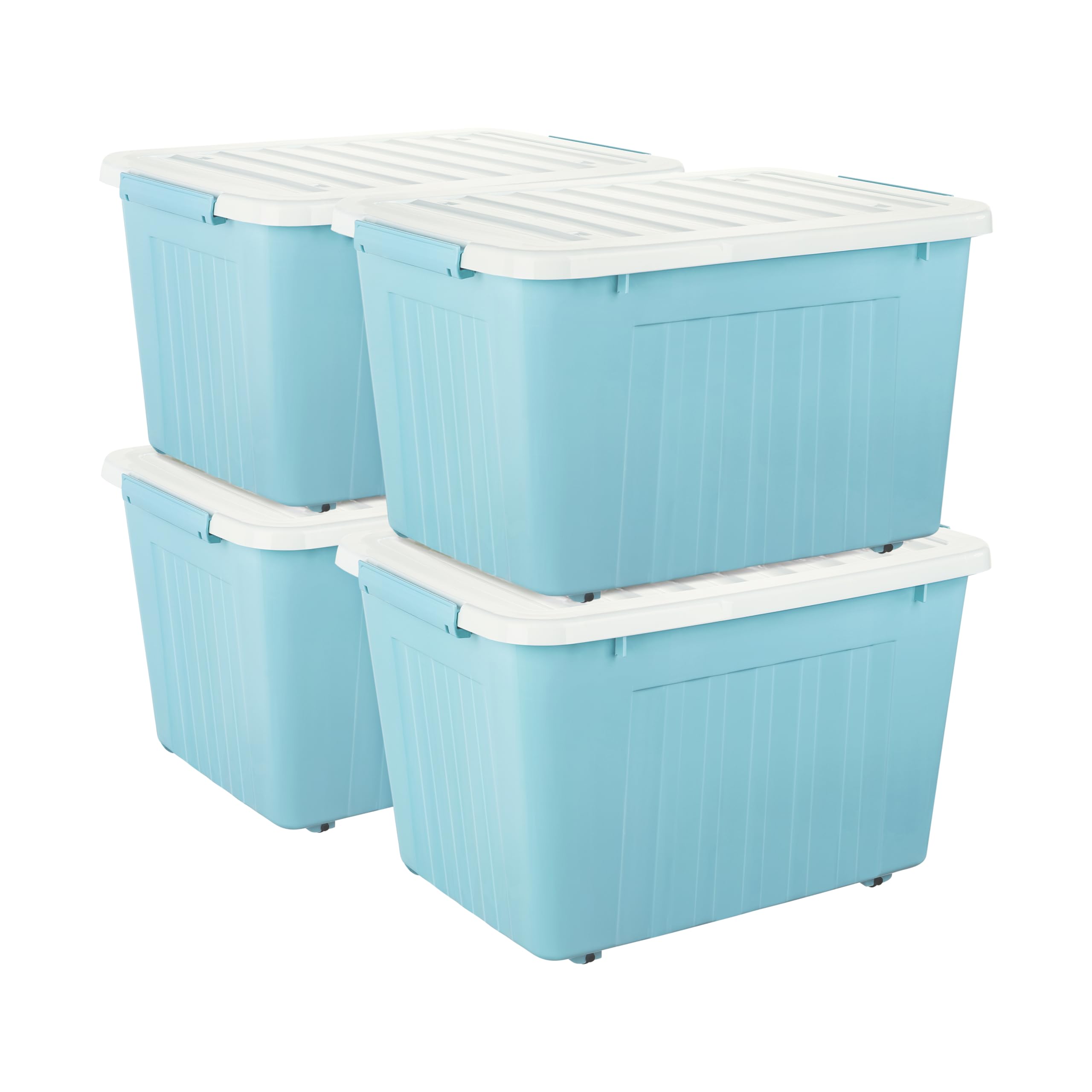Cetomo 80L*4 Cajas de Almacenamiento con Tapas, Contenedores de Plástico con Ruedas, Clip On, Apilables, Encajables, Organizador Rayado para Oficina en Casa, Azul, 80L-4 Pack