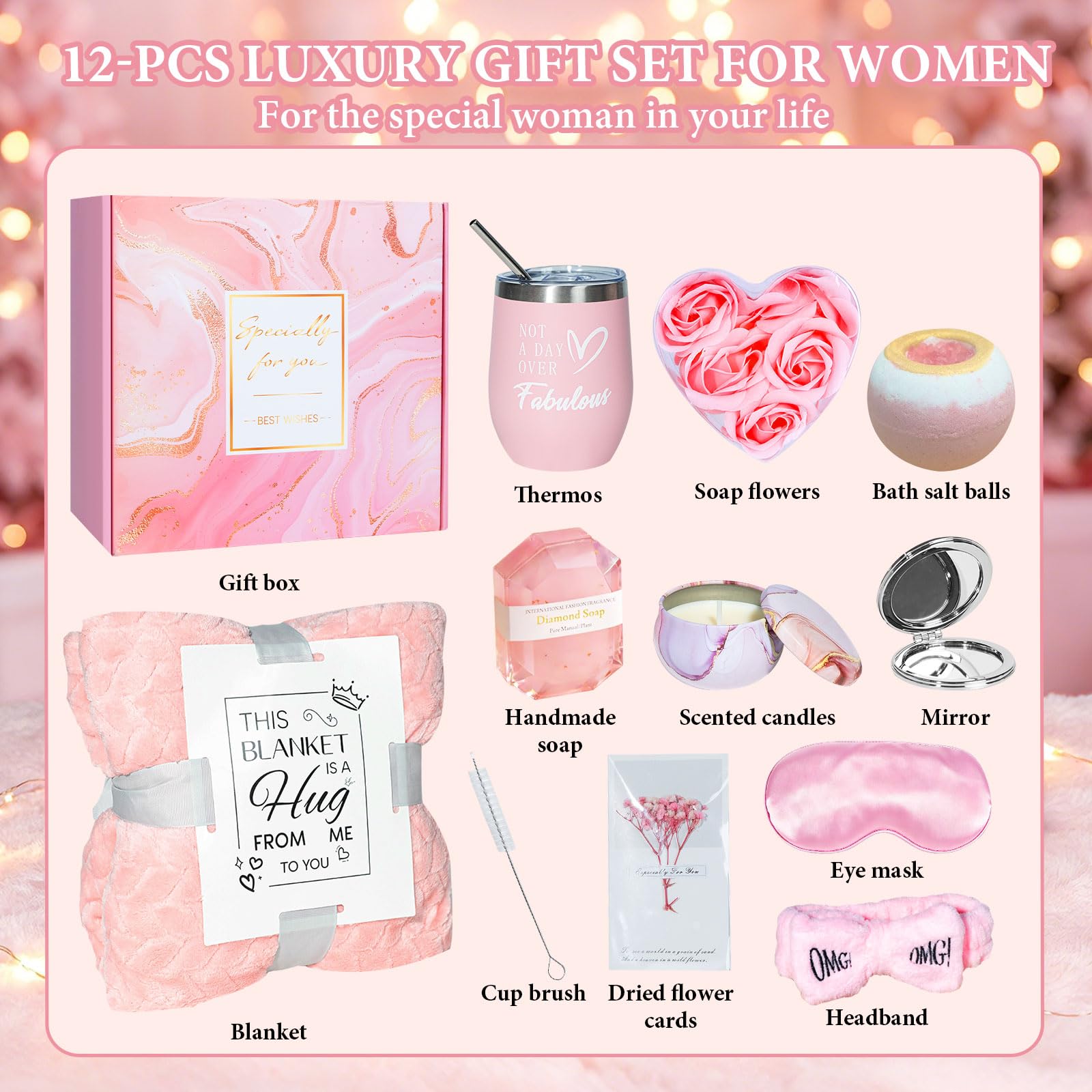 Pink Self Care Gift Basket for Women, 11-Piece Spa Gift Set