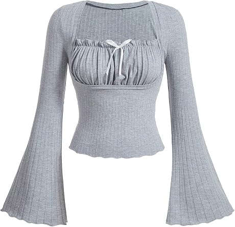 SKAYS Womens Bell Sleeve Top Gothic Victorian Shirt Long Sleeve Ribbed Square Neck Bow Y2K